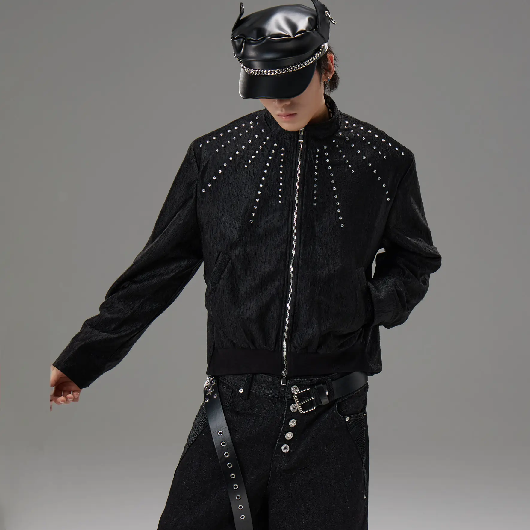 Heavy-duty Rhinestone-studded Stand-collar Design Jacket Top