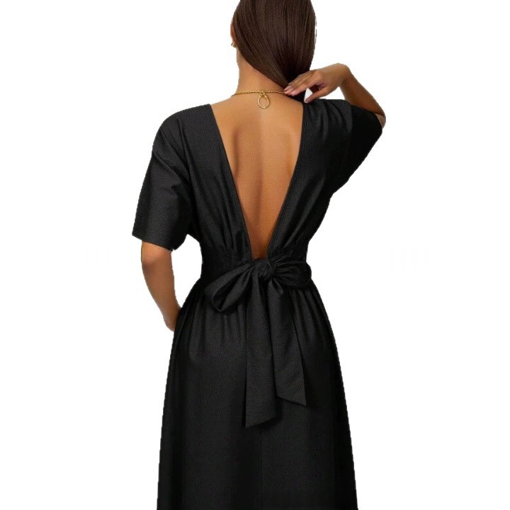 Fashionable Womens New Solid-color Casual Long Dress With A V-neck Back And Tie Waist thumbnail 5