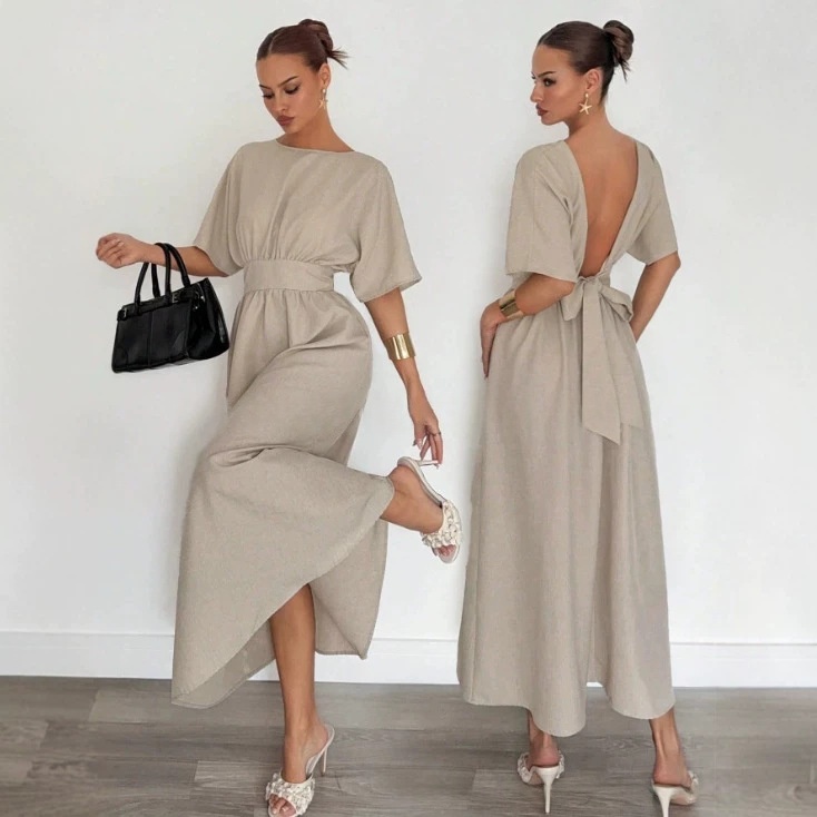 Fashionable Womens New Solid-color Casual Long Dress With A V-neck Back And Tie Waist thumbnail 2