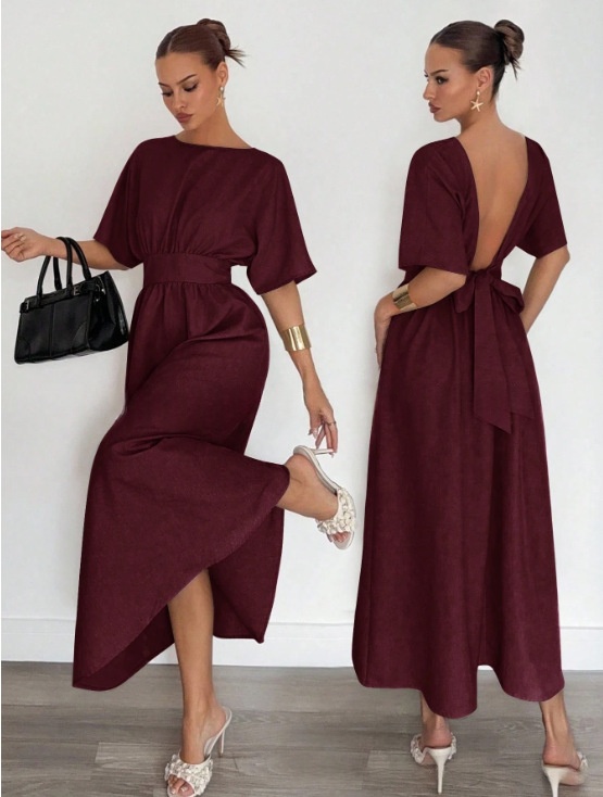 Fashionable Womens New Solid-color Casual Long Dress With A V-neck Back And Tie Waist thumbnail 8