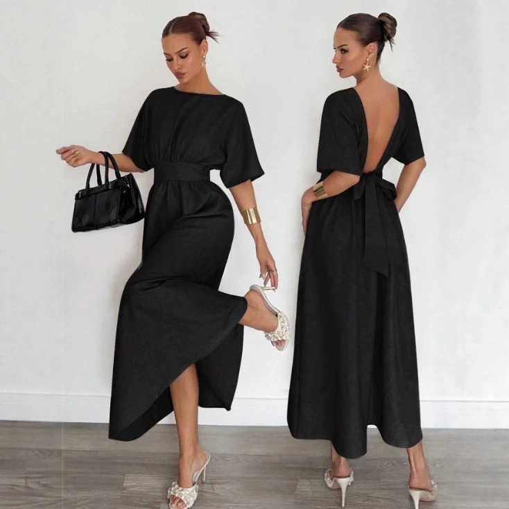 Fashionable Womens New Solid-color Casual Long Dress With A V-neck Back And Tie Waist