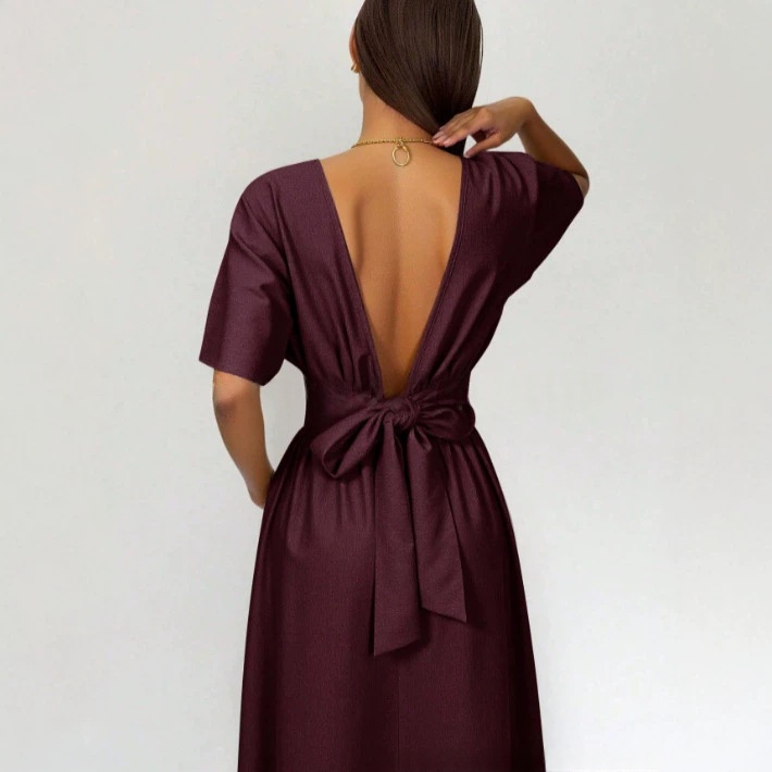 Fashionable Womens New Solid-color Casual Long Dress With A V-neck Back And Tie Waist thumbnail 4