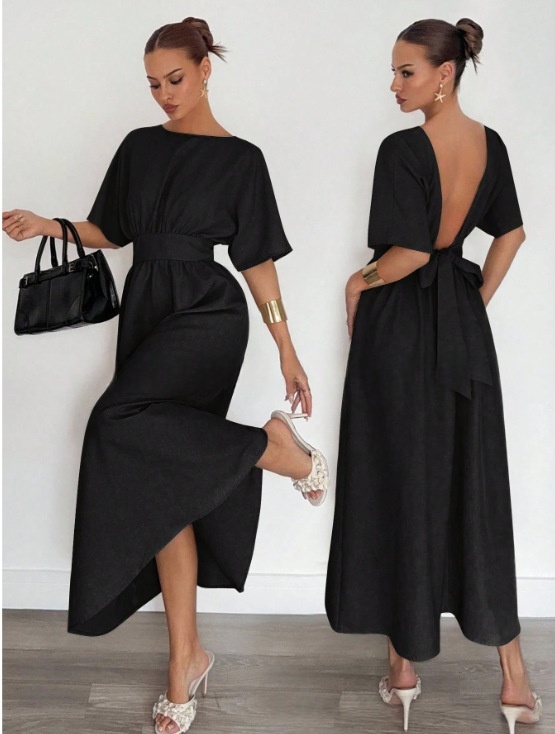 Fashionable Womens New Solid-color Casual Long Dress With A V-neck Back And Tie Waist thumbnail 6