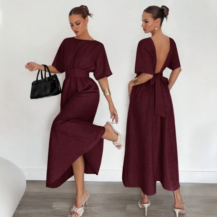 Fashionable Womens New Solid-color Casual Long Dress With A V-neck Back And Tie Waist thumbnail 3