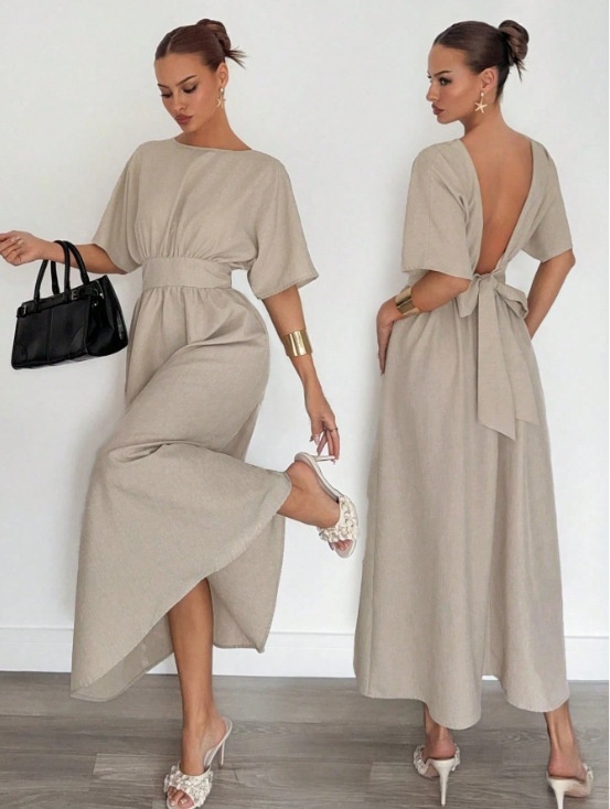 Fashionable Womens New Solid-color Casual Long Dress With A V-neck Back And Tie Waist thumbnail 7