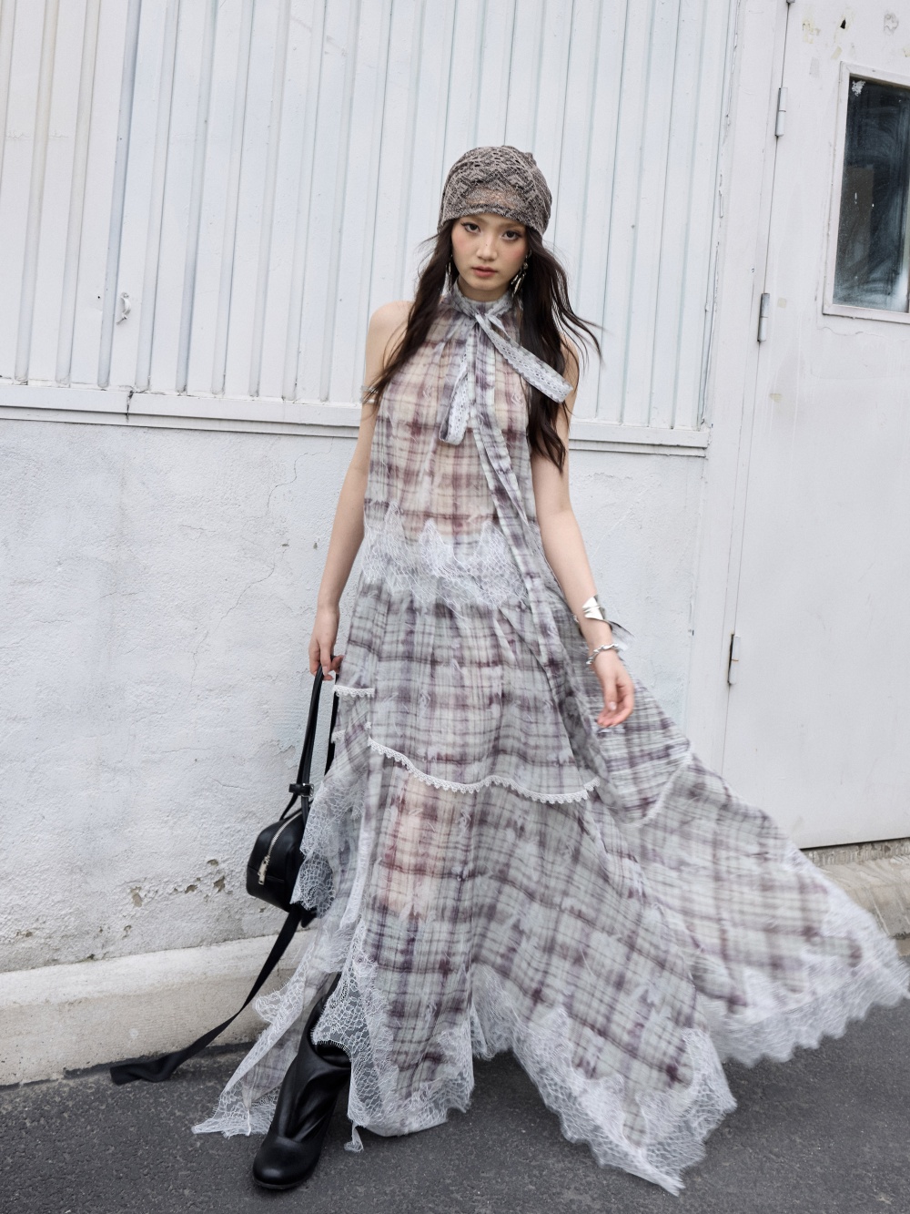 Irregular Lace-Panelled Plaid Two-Piece Dress thumbnail 4