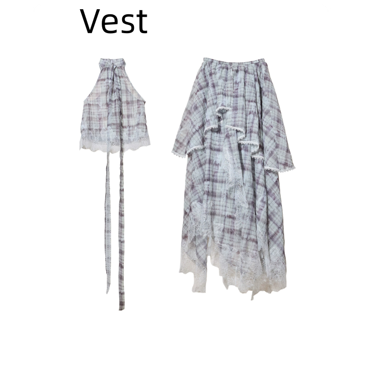 Irregular Lace-Panelled Plaid Two-Piece Dress thumbnail 6