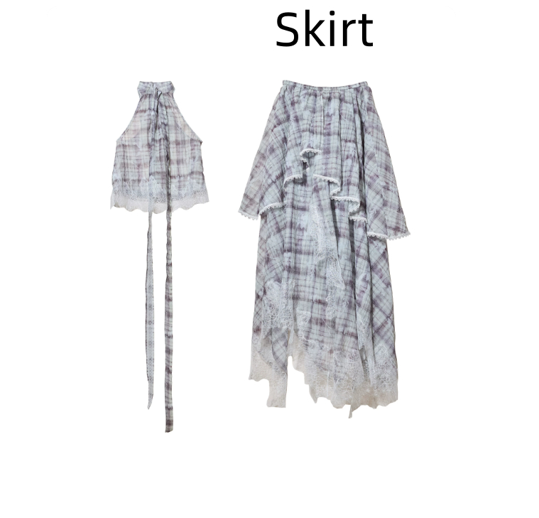 Irregular Lace-Panelled Plaid Two-Piece Dress thumbnail 7