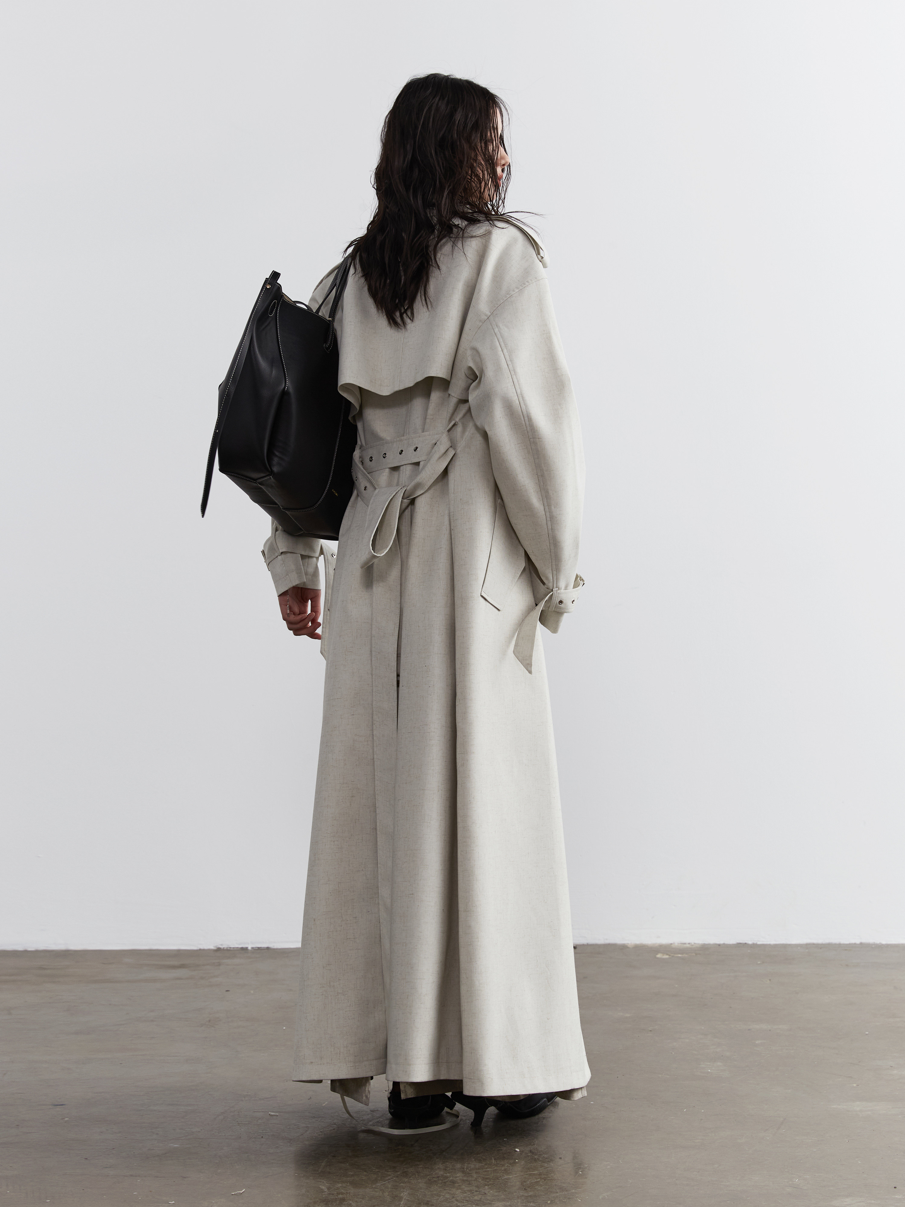 Lime-white Bandage-decorated Unisex Long Trench Coat thumbnail 3