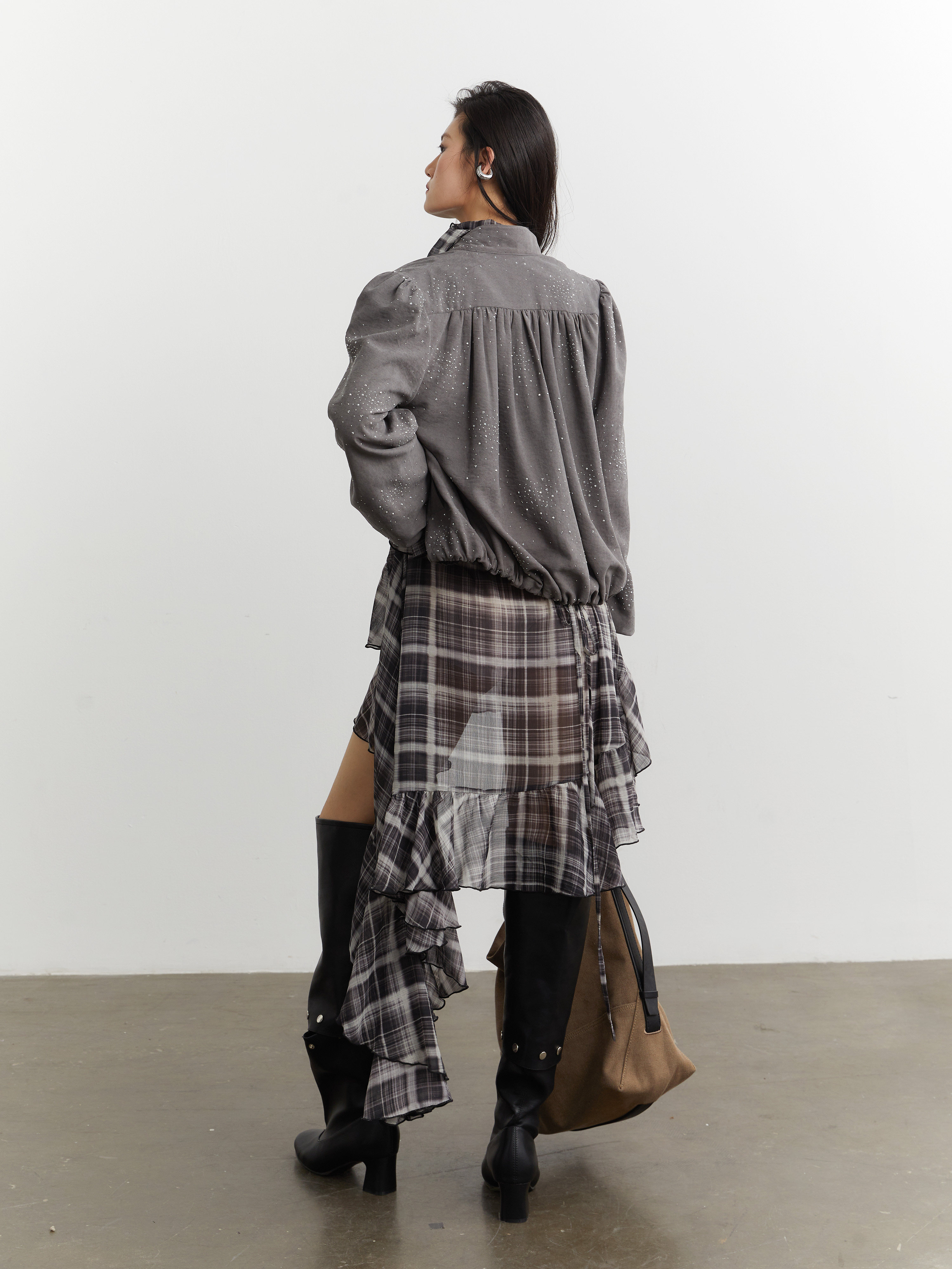 Asymmetrical Chiffon Plaid Shirt Dress With Ruffled Hem thumbnail 5