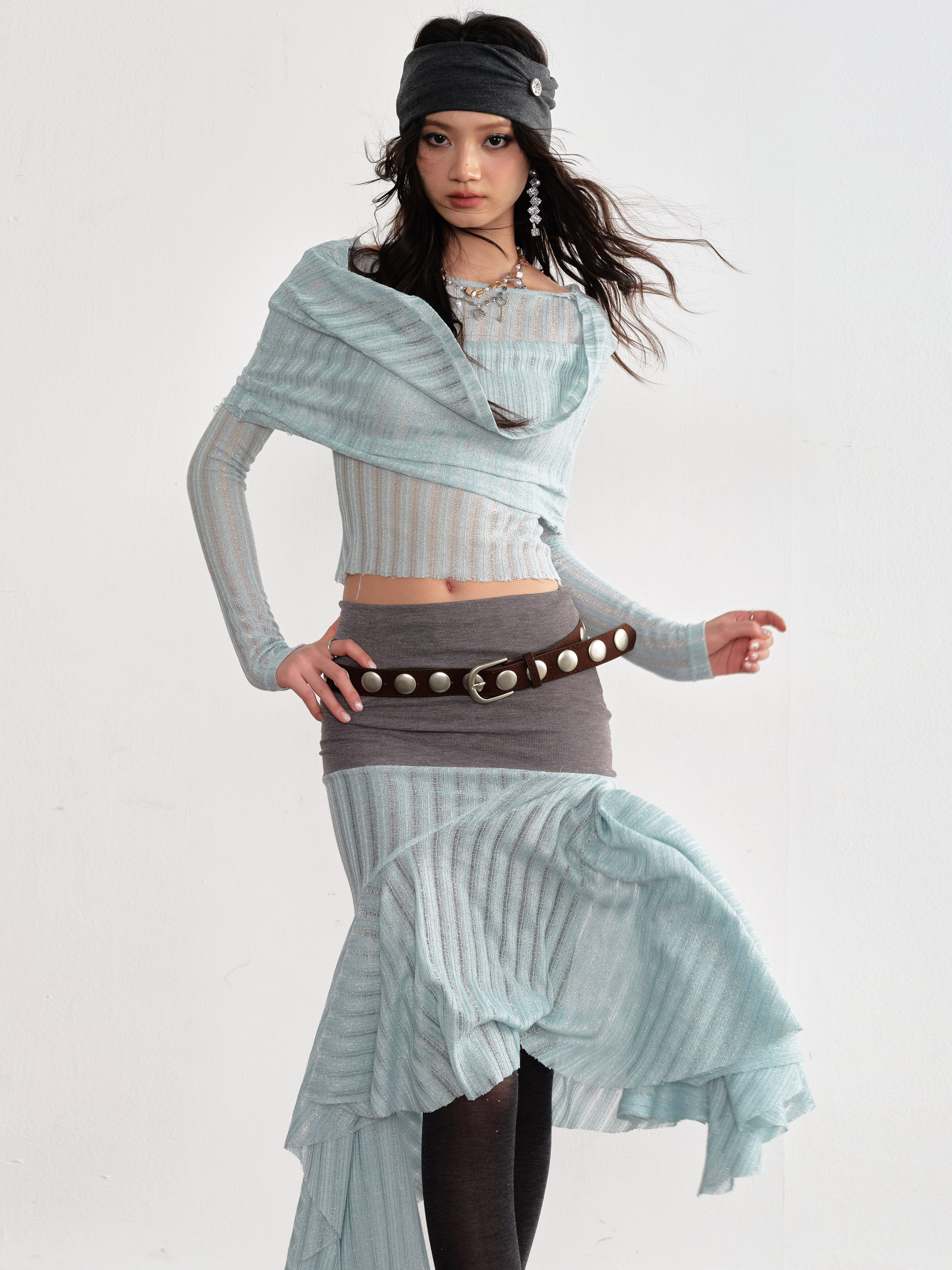 Romantic Mint Sea Salt Sheer Top With An Asymmetrical Skirt thumbnail 2
