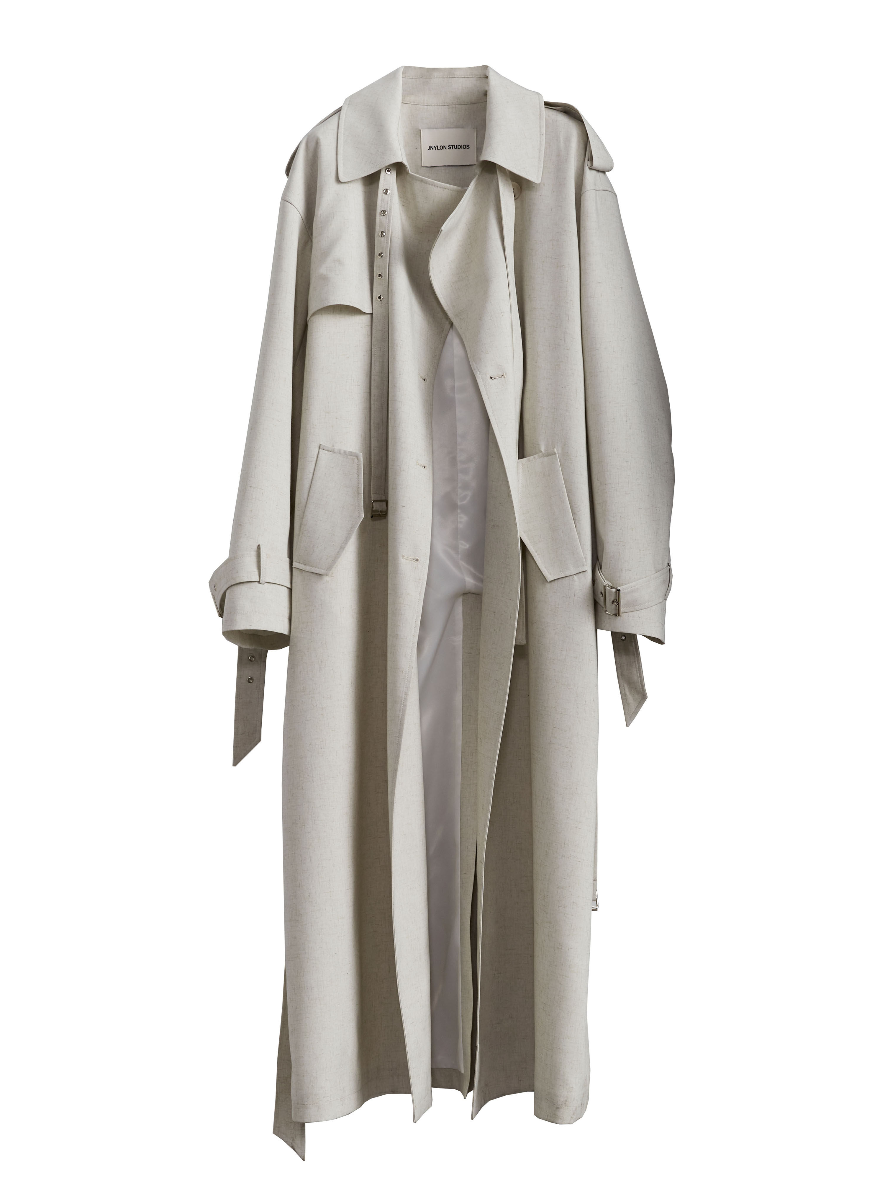 Lime-white Bandage-decorated Unisex Long Trench Coat thumbnail 2
