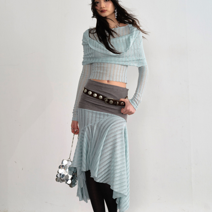 Romantic Mint Sea Salt Sheer Top With An Asymmetrical Skirt
