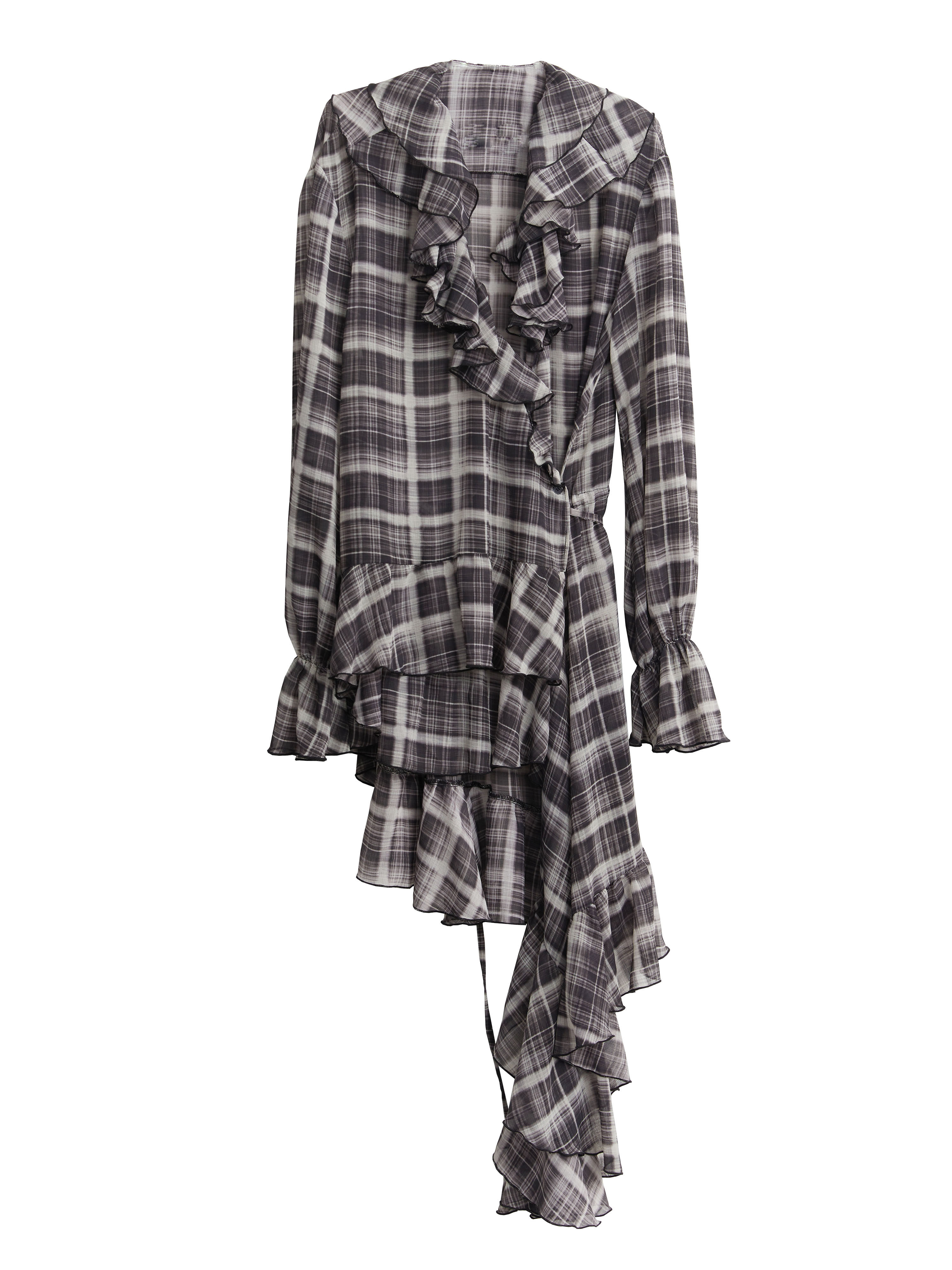 Asymmetrical Chiffon Plaid Shirt Dress With Ruffled Hem thumbnail 6
