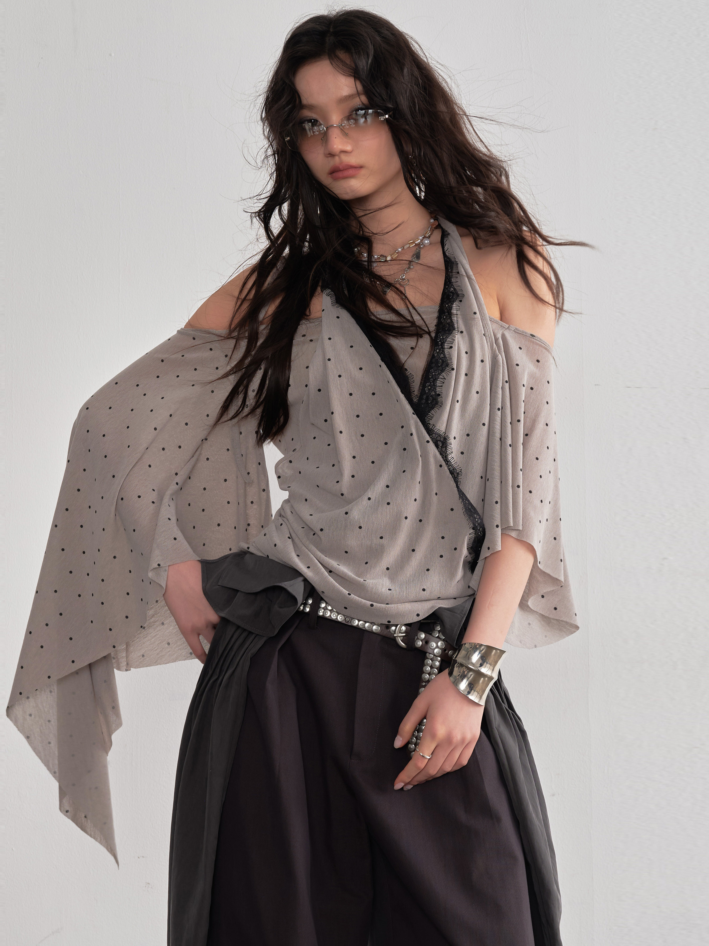 Retro Asymmetrical Shawl-sleeve Halter Top Blouse thumbnail 5