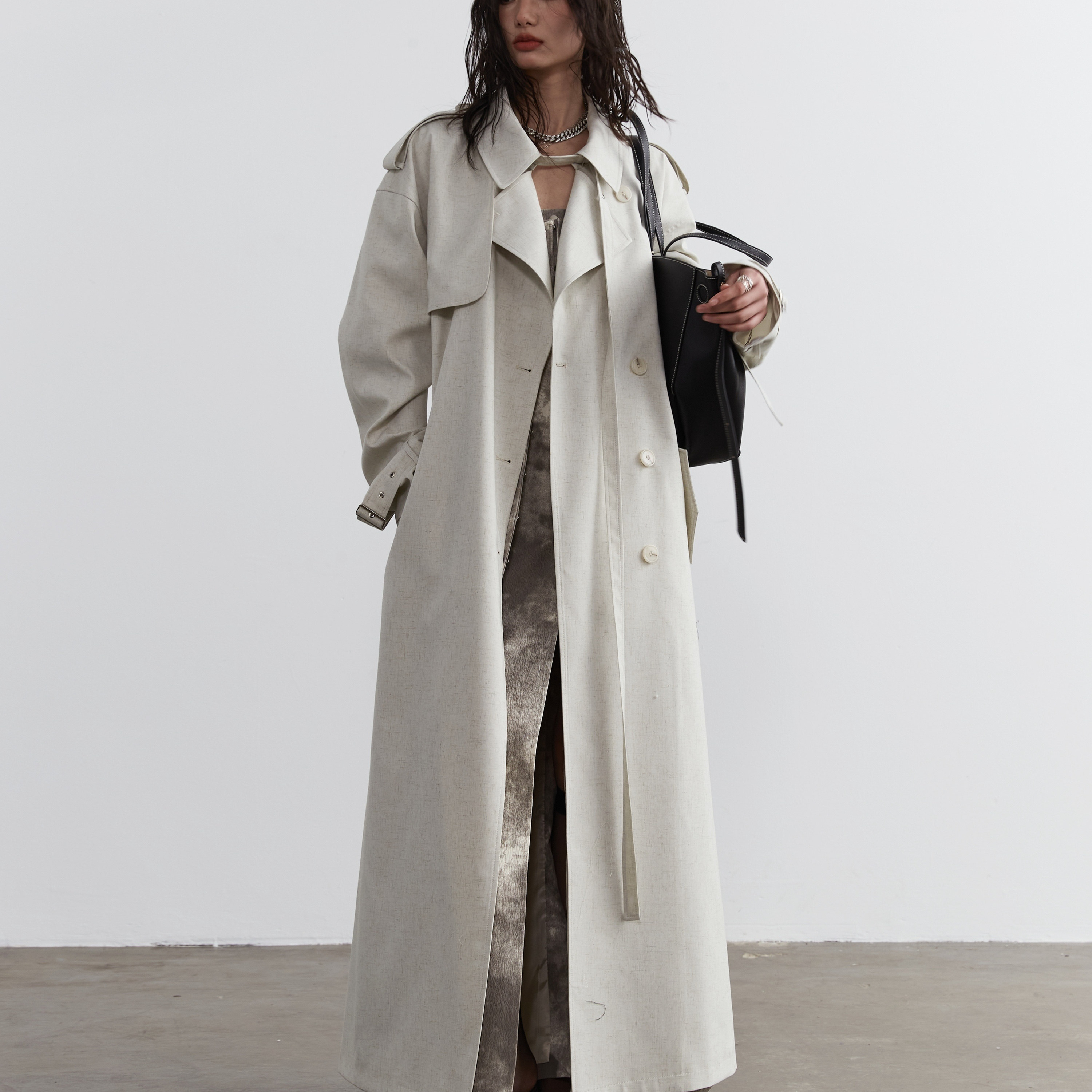 Lime-white Bandage-decorated Unisex Long Trench Coat