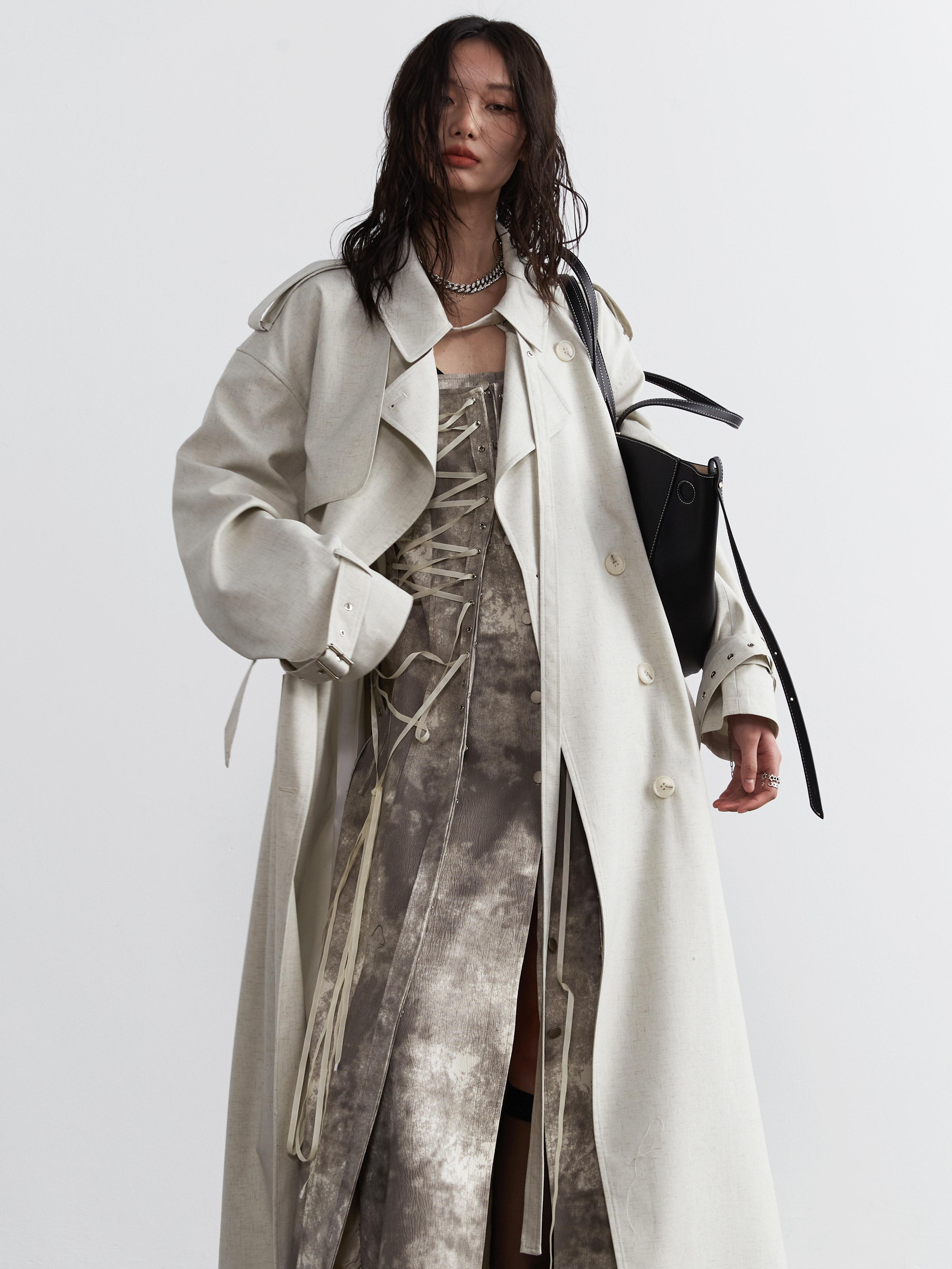 Lime-white Bandage-decorated Unisex Long Trench Coat thumbnail 5
