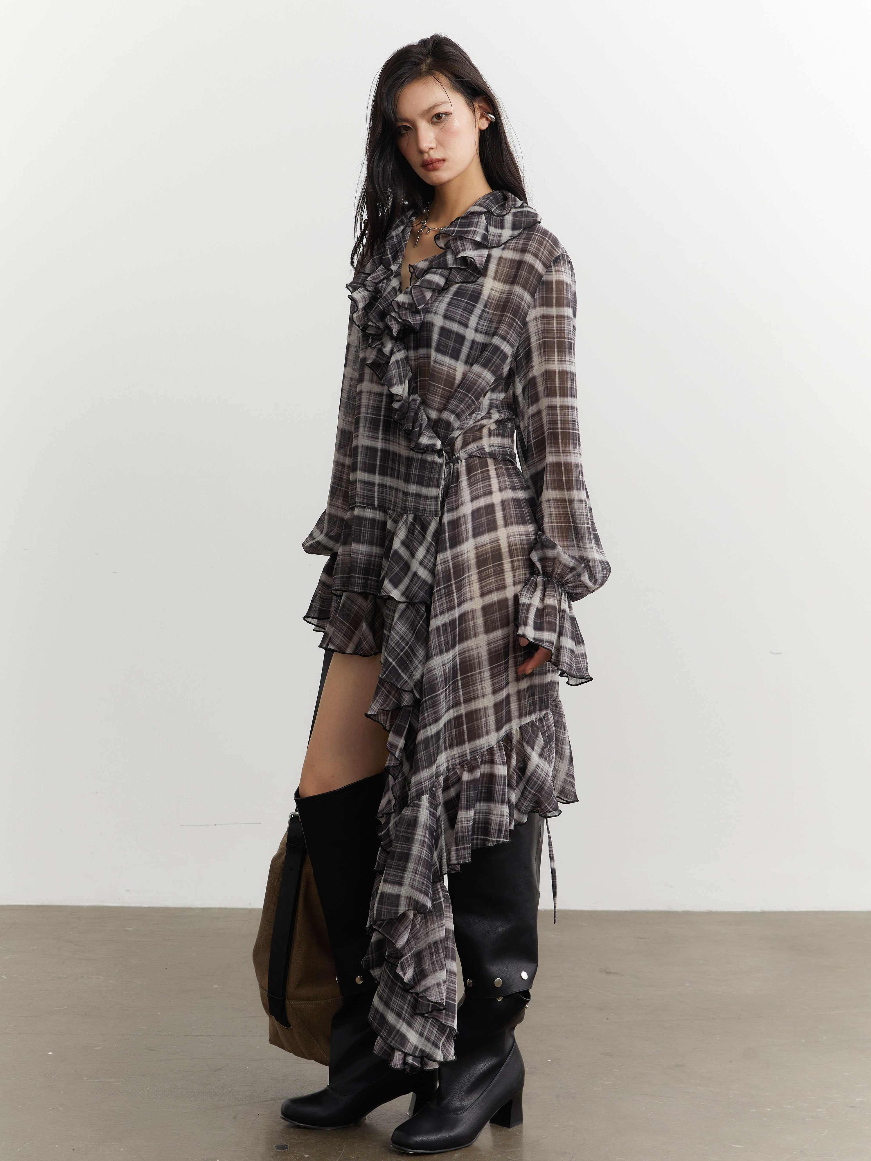 Asymmetrical Chiffon Plaid Shirt Dress With Ruffled Hem thumbnail 2
