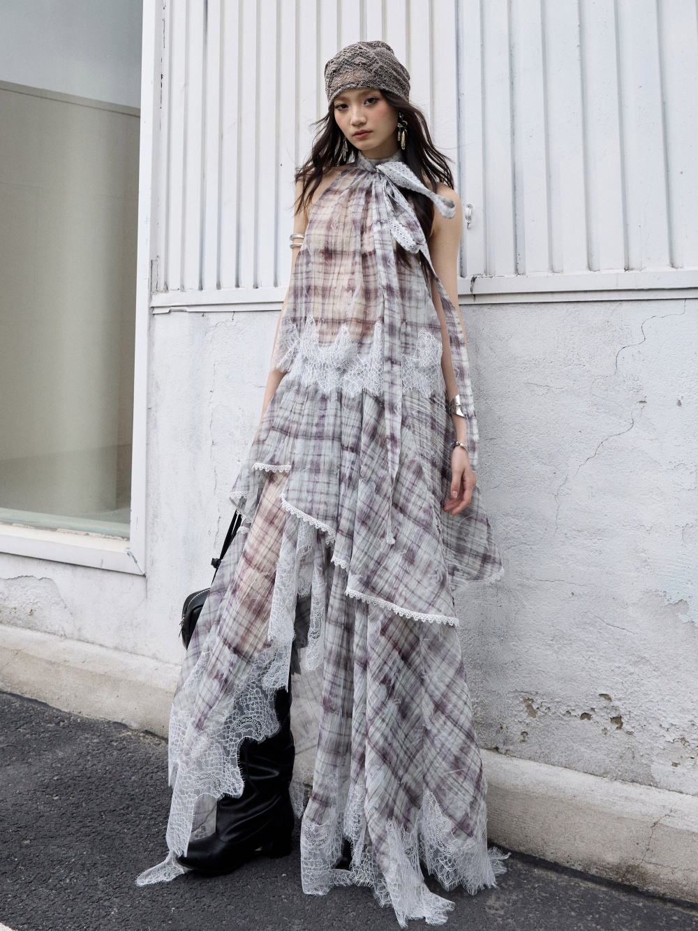Irregular Lace-Panelled Plaid Two-Piece Dress