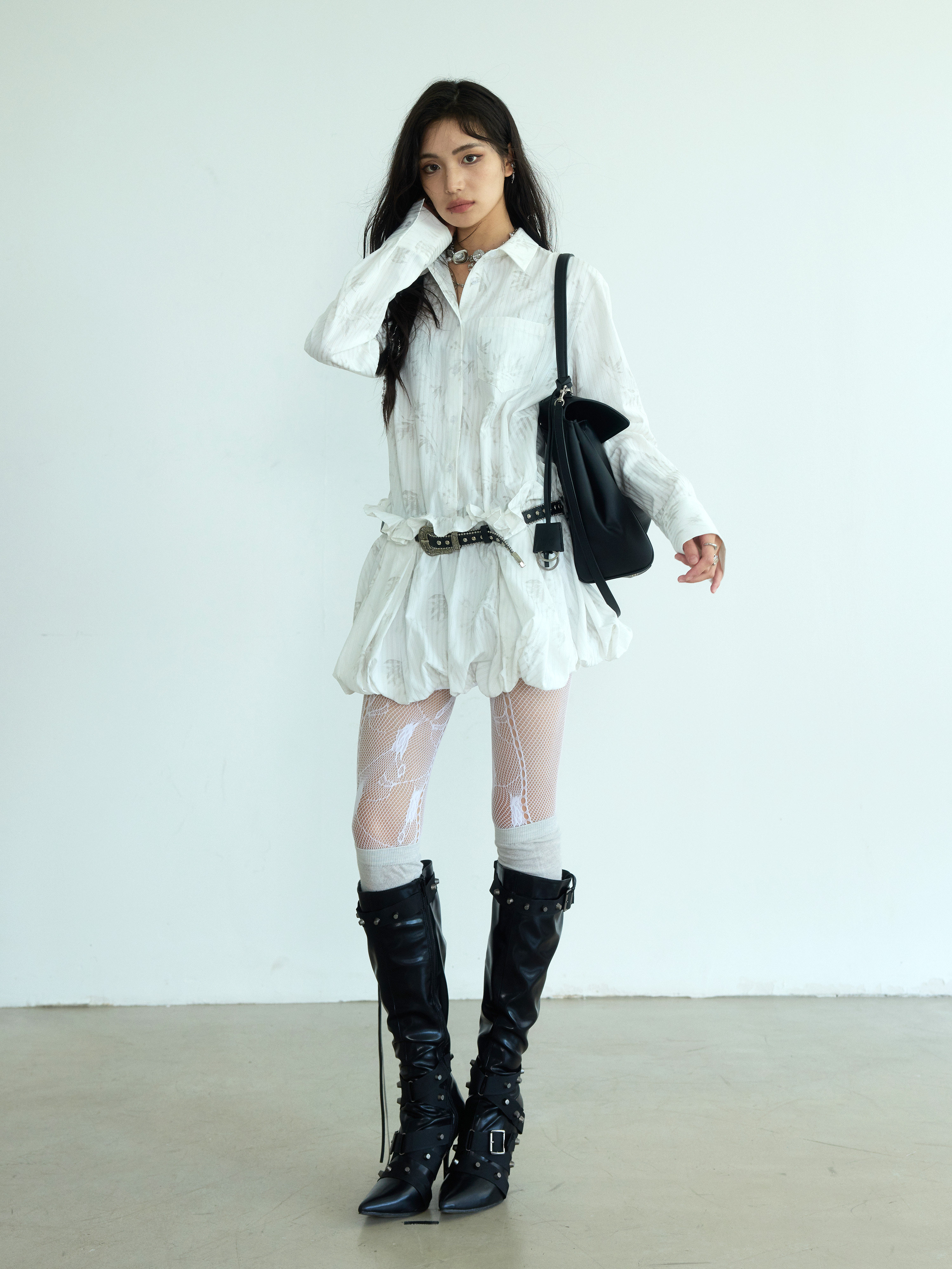 Versatile New Chinese-Style Printed Pleated Bloom-Shape Shirt Dress thumbnail 3