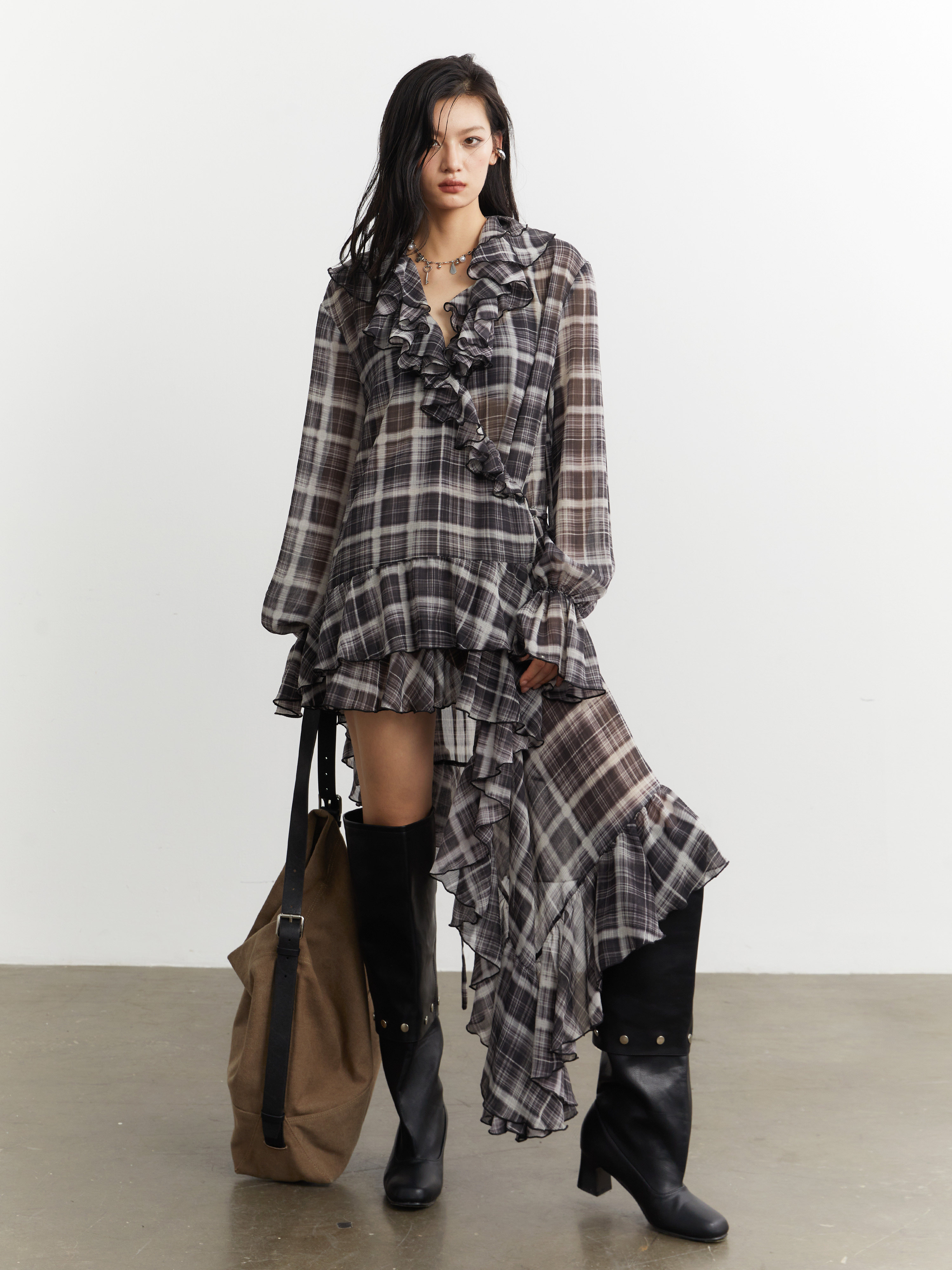 Asymmetrical Chiffon Plaid Shirt Dress With Ruffled Hem thumbnail 4