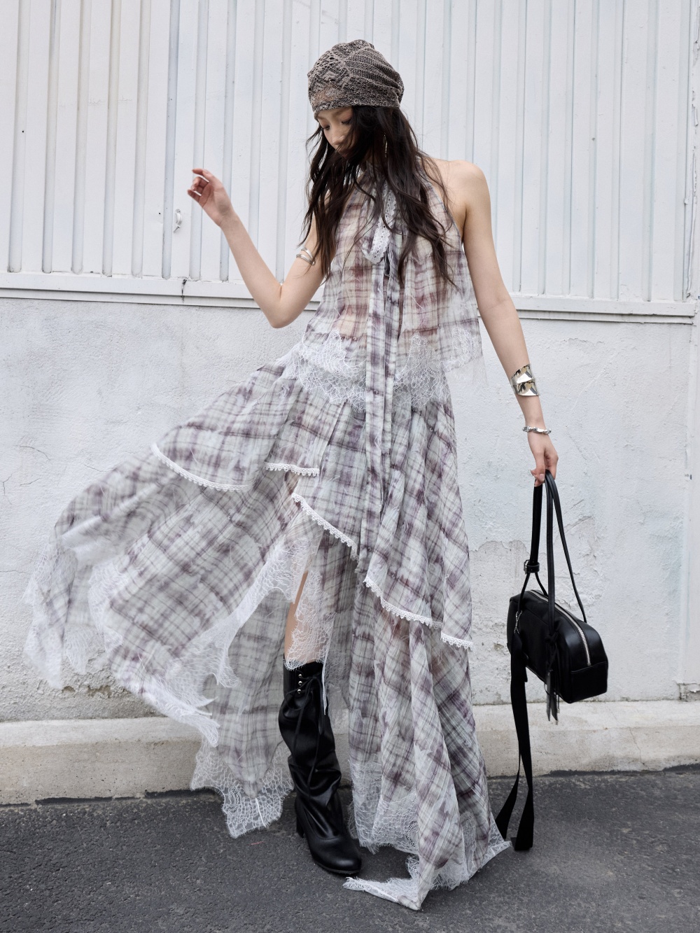 Irregular Lace-Panelled Plaid Two-Piece Dress thumbnail 2