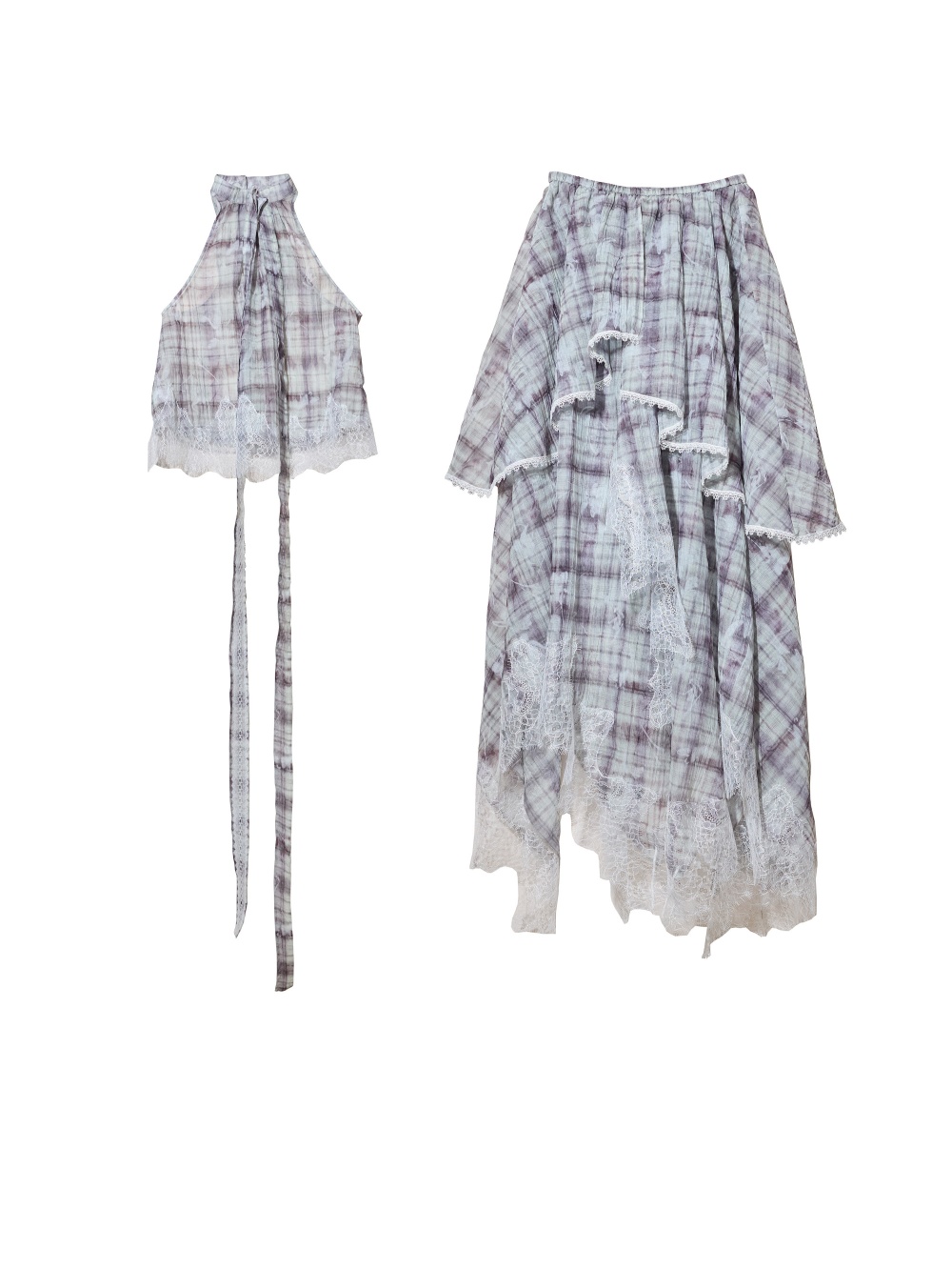 Irregular Lace-Panelled Plaid Two-Piece Dress thumbnail 5