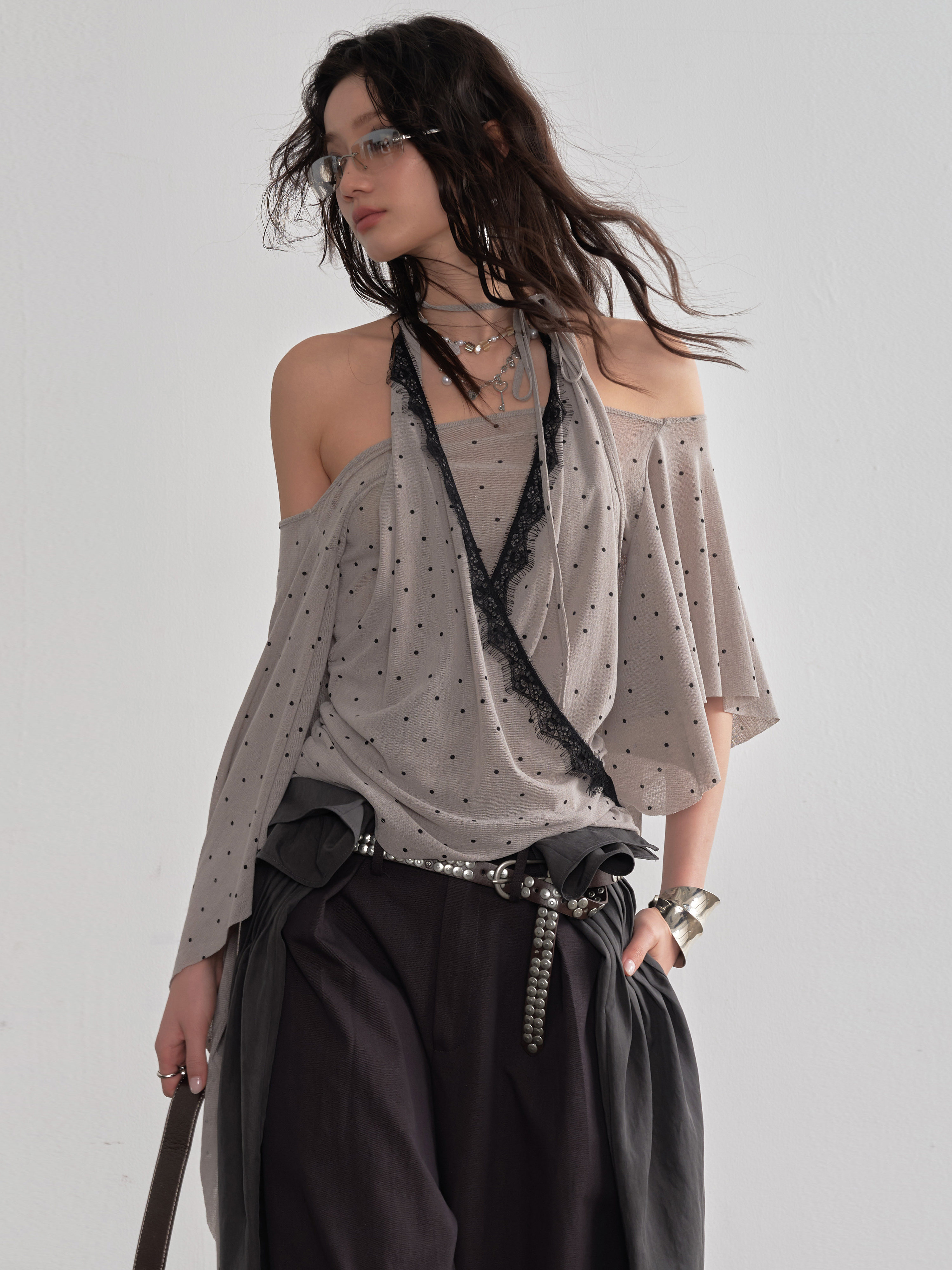 Retro Asymmetrical Shawl-sleeve Halter Top Blouse thumbnail 7