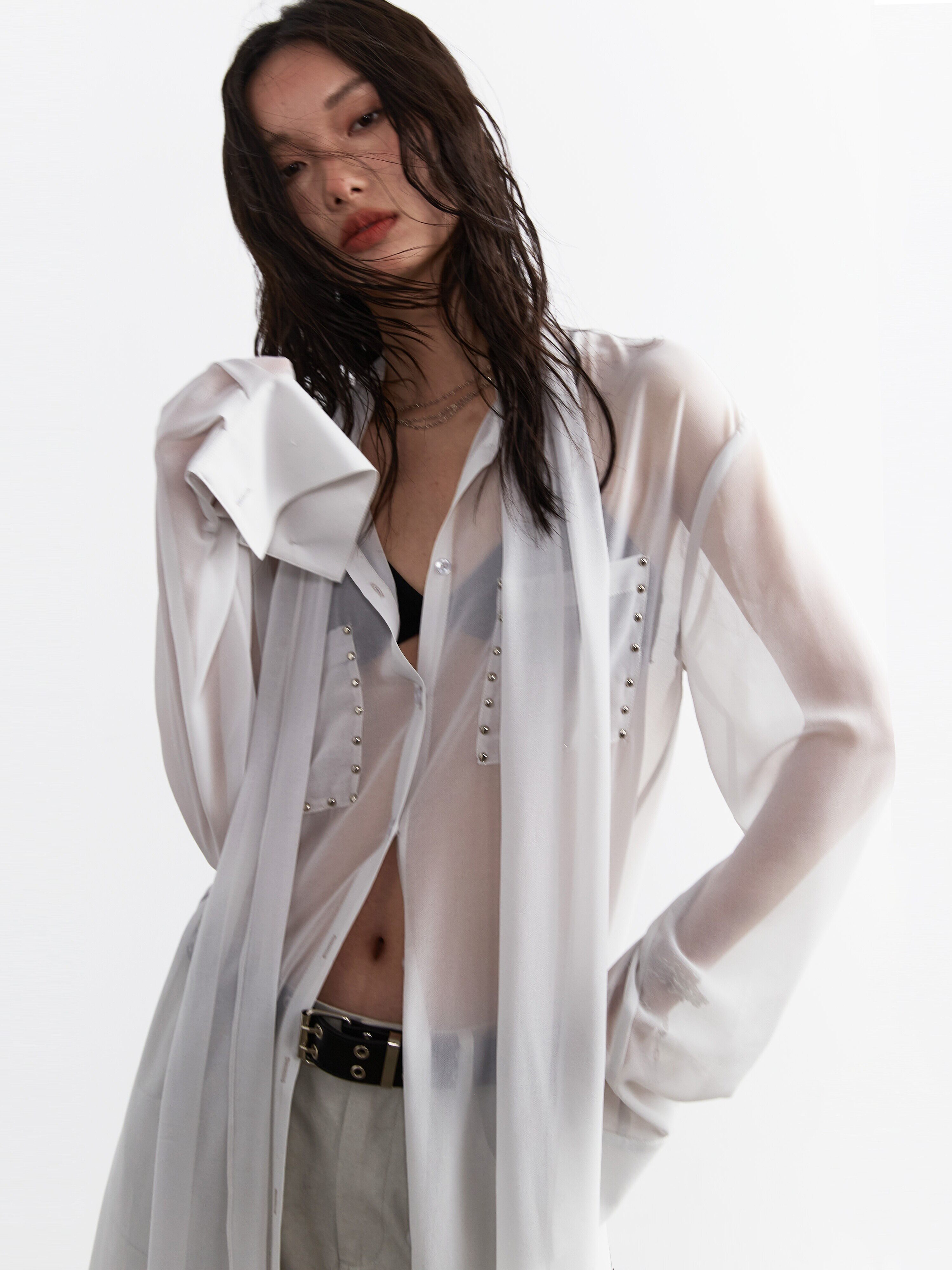 Rivet-decorated Ribbon Long Chiffon Blouse thumbnail 2