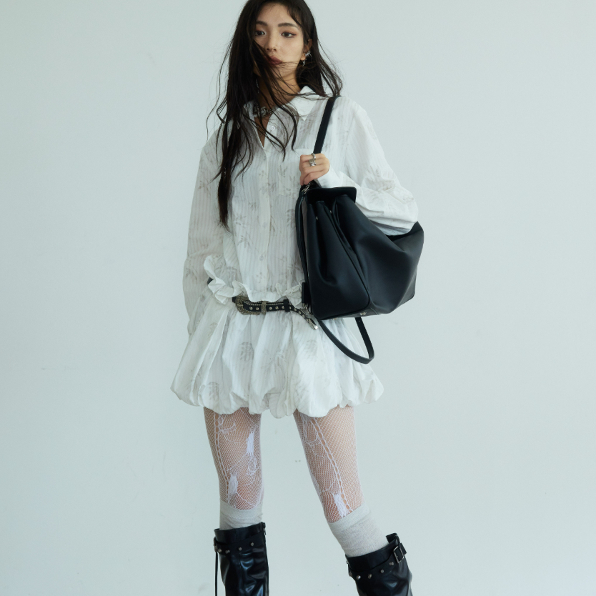 Versatile New Chinese-Style Printed Pleated Bloom-Shape Shirt Dress