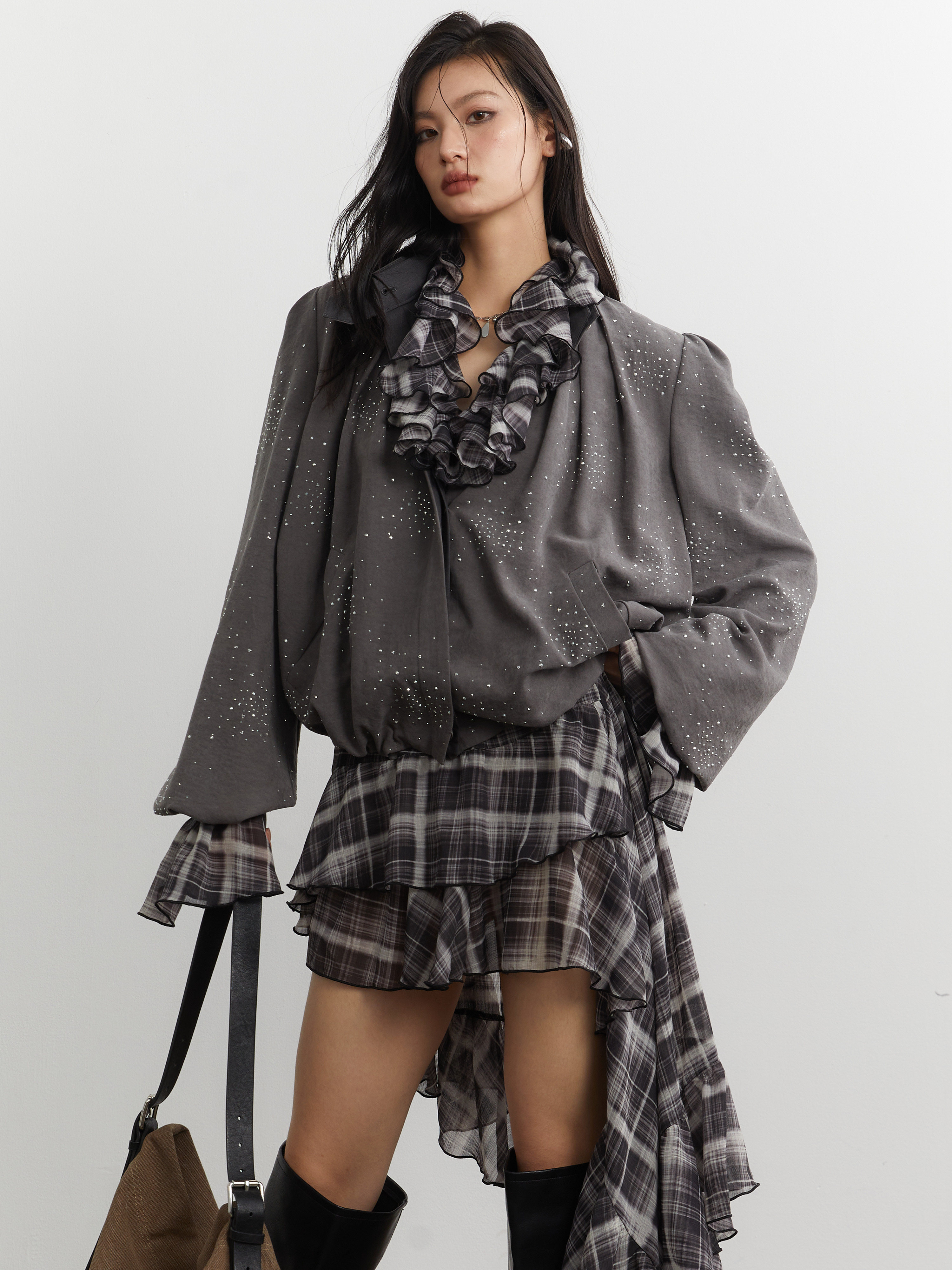 Asymmetrical Chiffon Plaid Shirt Dress With Ruffled Hem thumbnail 3