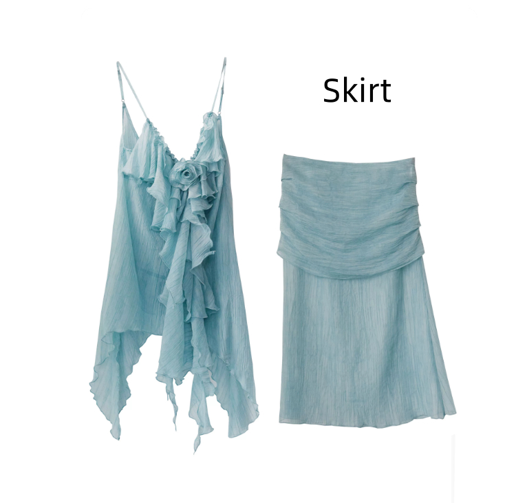 Women's V-neck Ruffled Strap Midi Skirt thumbnail 7