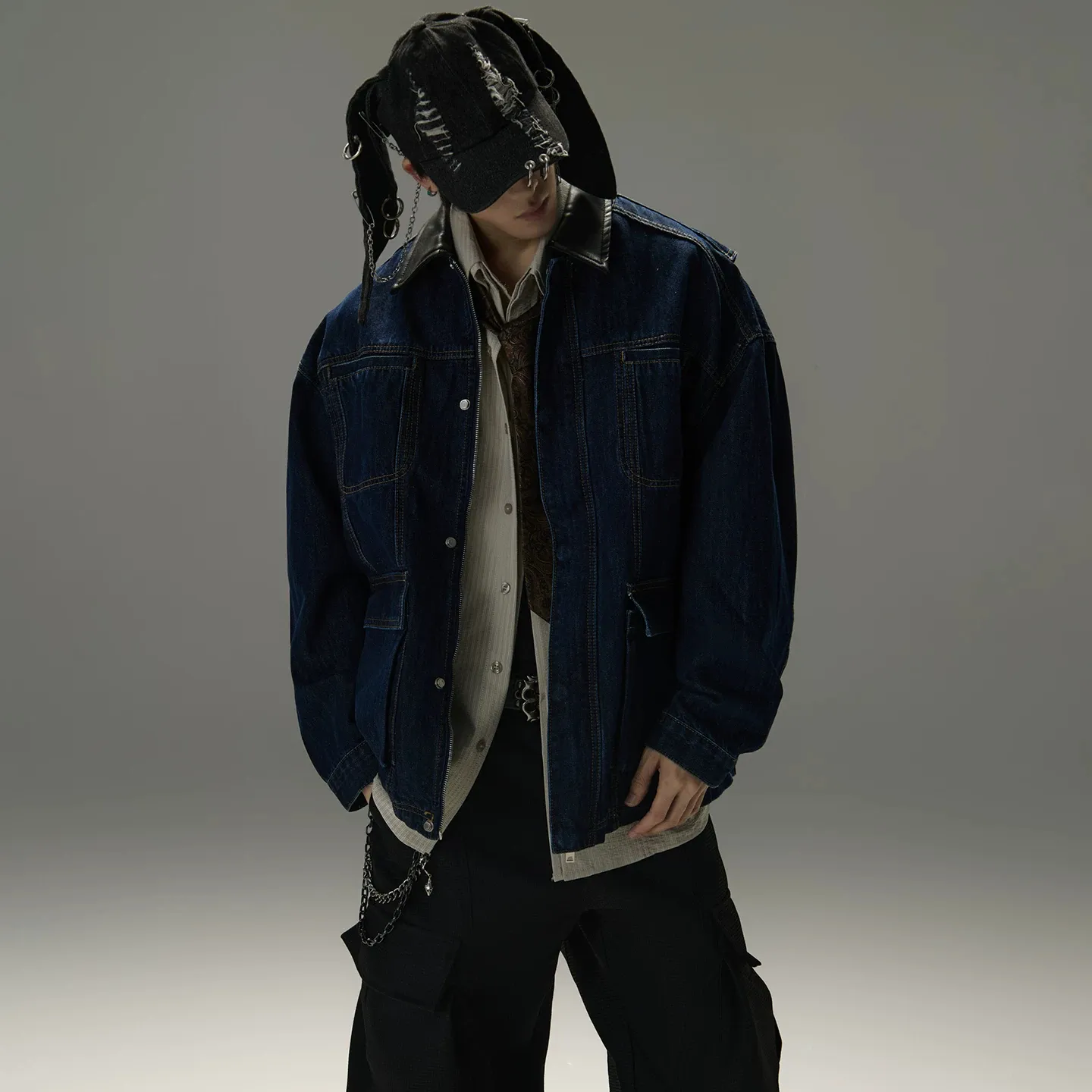 Patchwork Lapel PU Leather Loose-fit Workwear Jacket