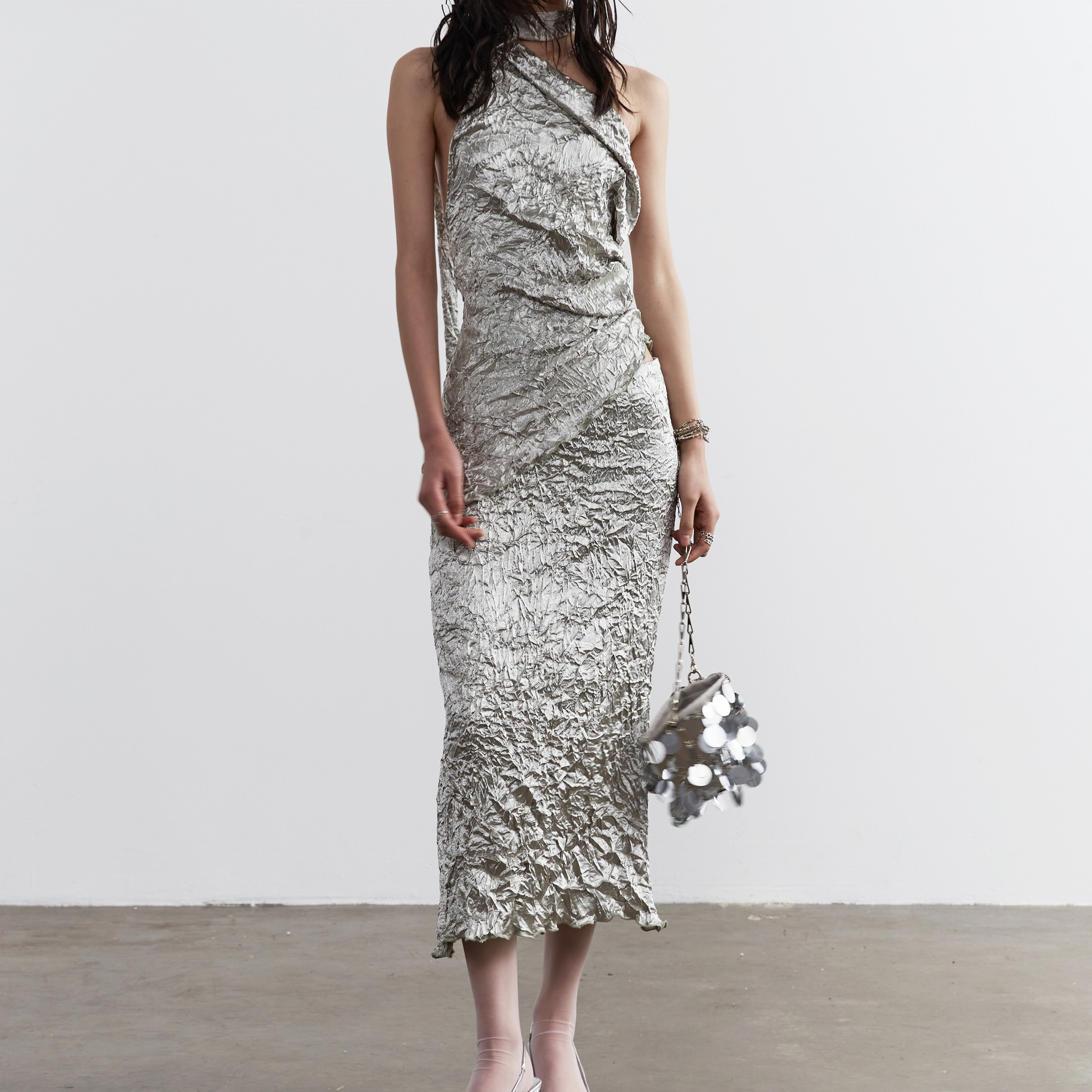 Creased Texture Two Piece Dress Solid Color