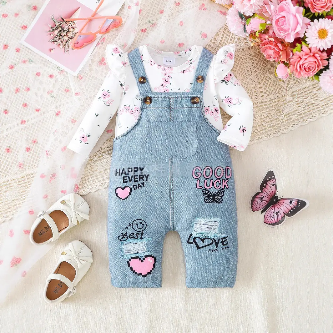 Triangular Romper And Denim-style Suspender Pants Set