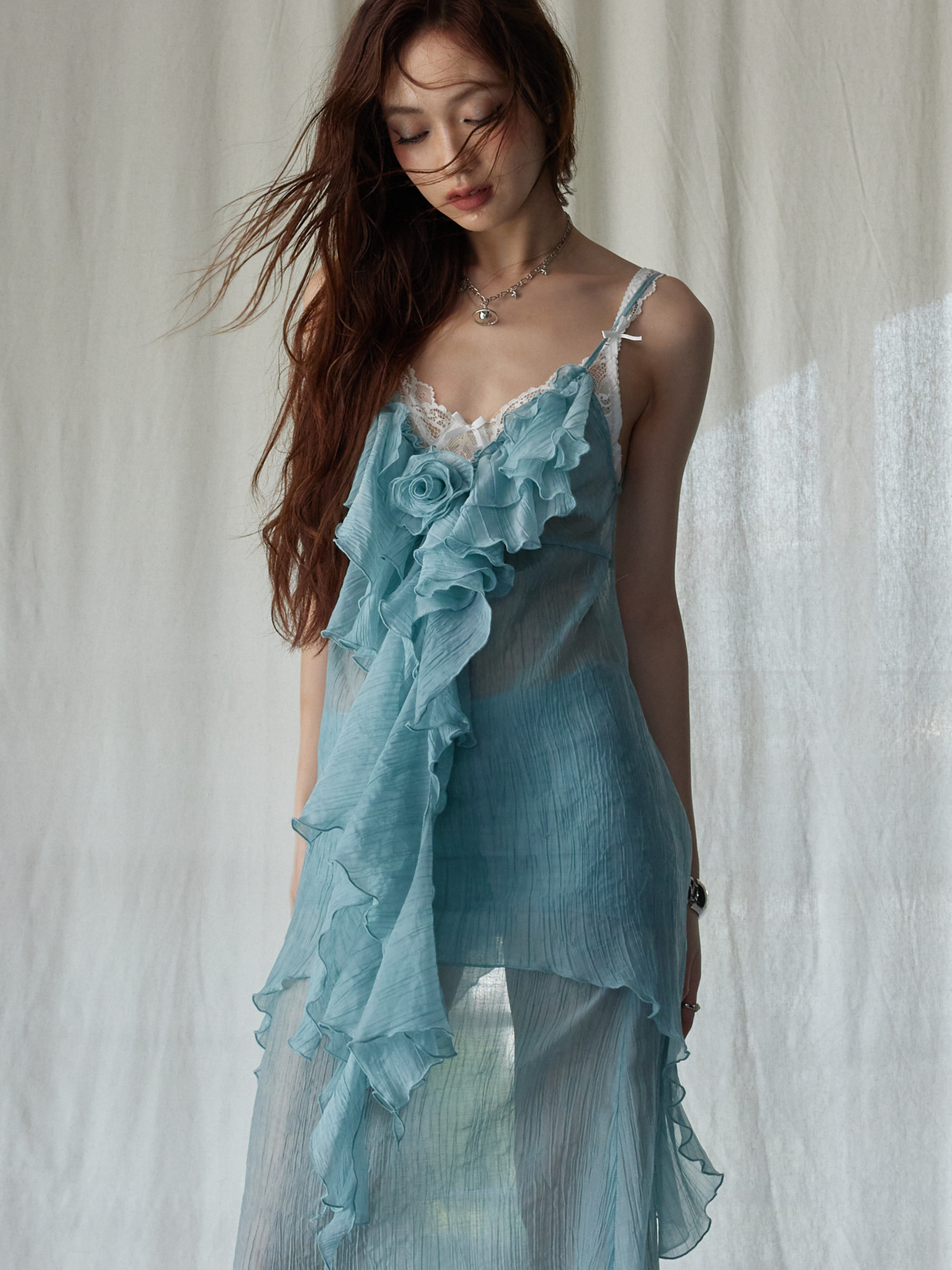 Women's V-neck Ruffled Strap Midi Skirt thumbnail 3