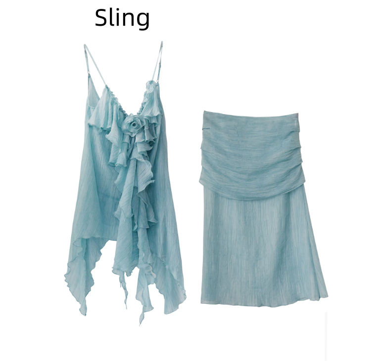 Women's V-neck Ruffled Strap Midi Skirt thumbnail 8