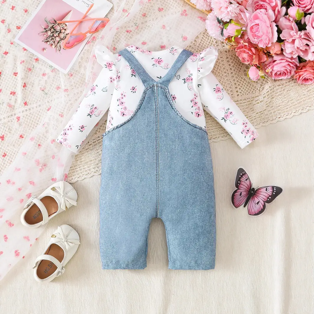 Triangular Romper And Denim-style Suspender Pants Set