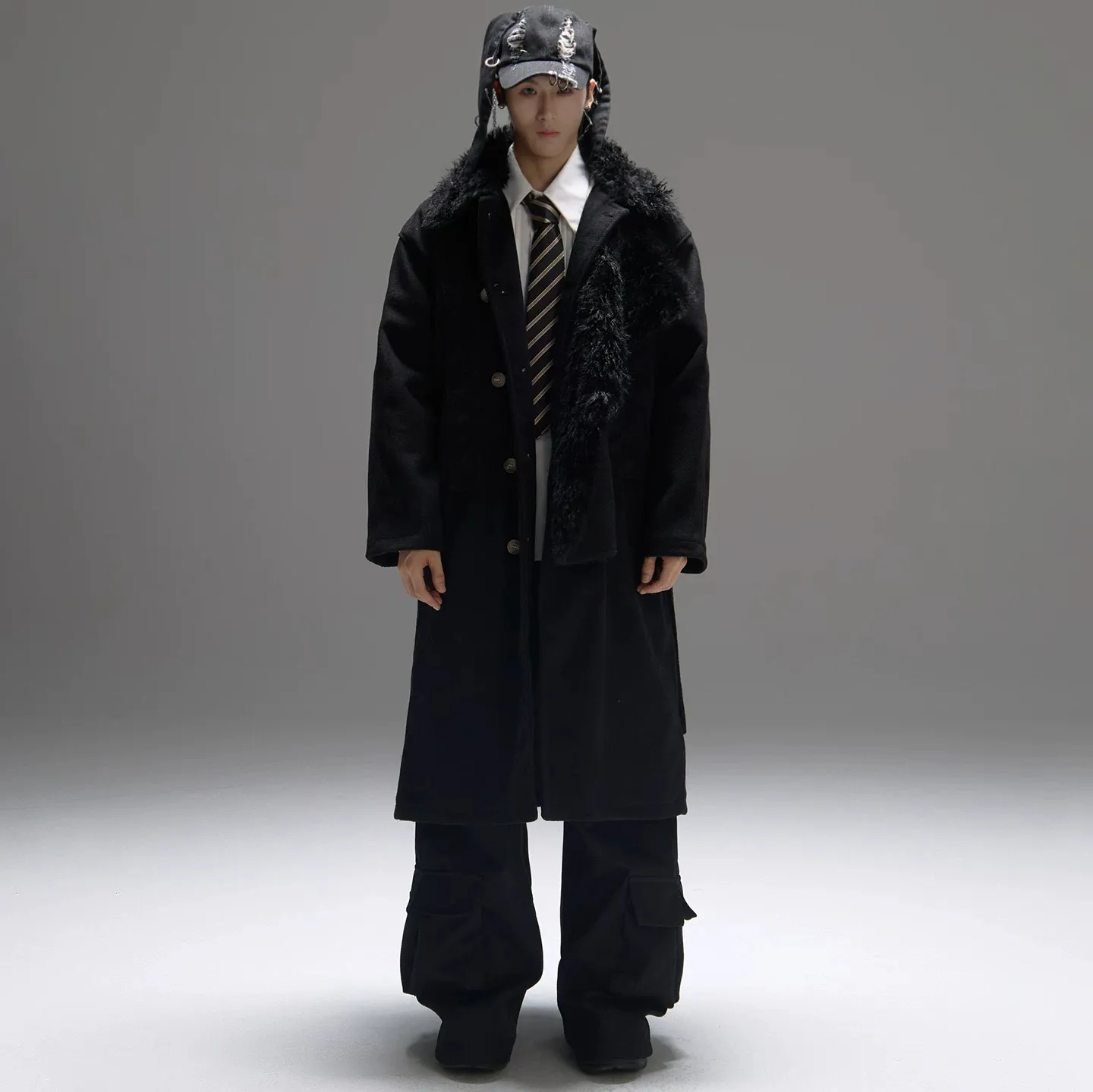 Color-block Design Over-the-knee Trench Coat Silhouette Plus-thick