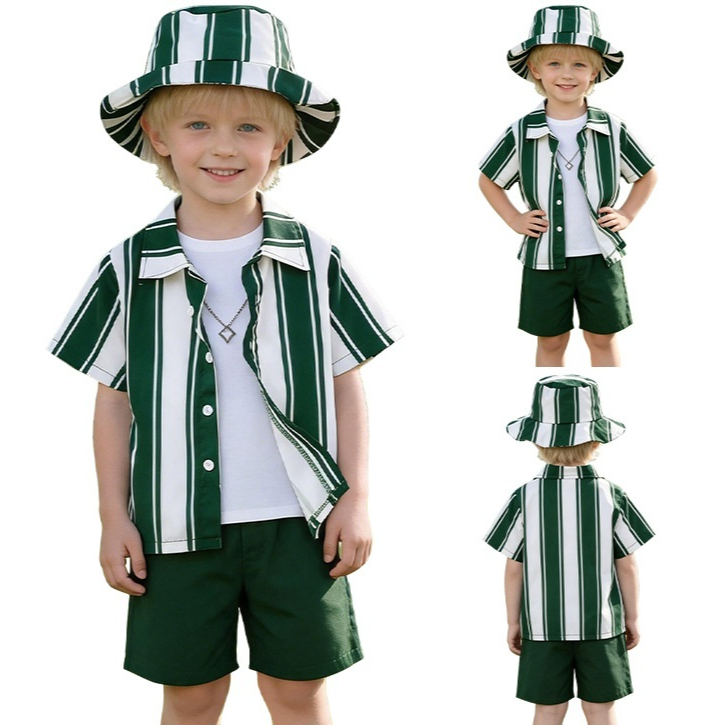 Boys Green And White Striped Short-sleeve Shirt And Shorts Set