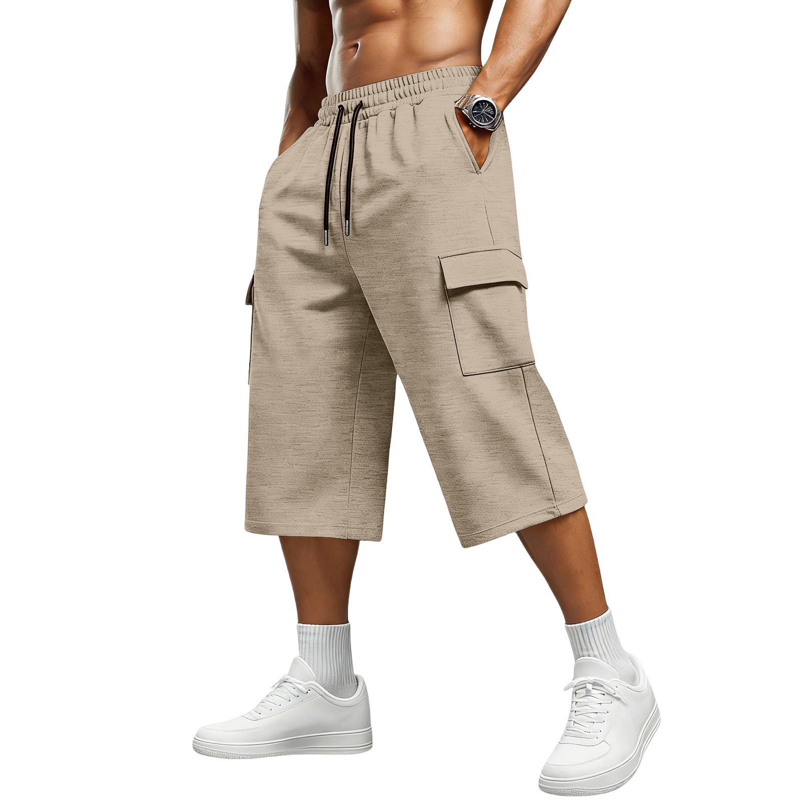 Mens Drawstring Capri-length Sports And Casual Wide Shorts