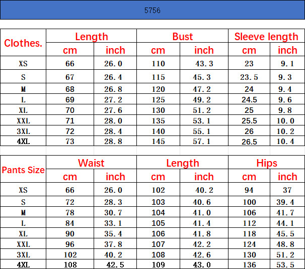 Size chart for women's lapel button-up top and pants set – US sizes XS through 4XL with bust, waist, and hip measurements in inches