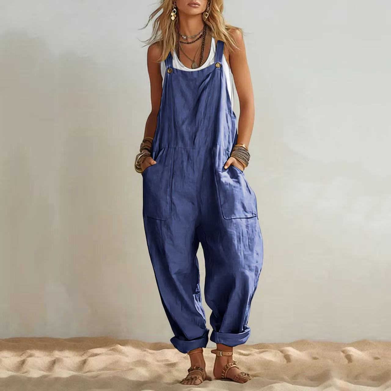 Womens Solid-color Patch-pocket Loose-fitting Sleeveless Versatile Jumpsuit