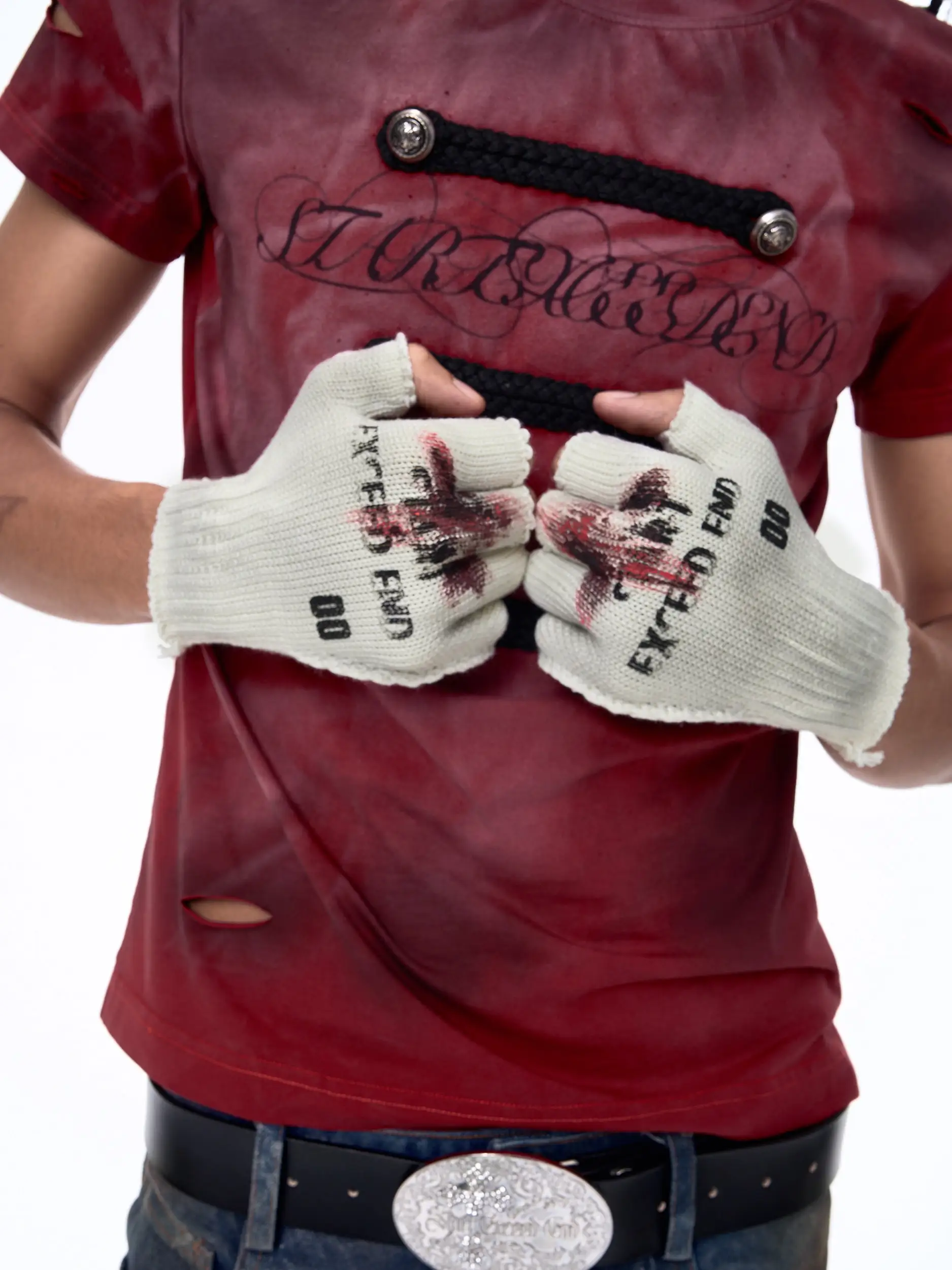 Mens Distressed, Blood-stained Half-finger Knitted Gloves