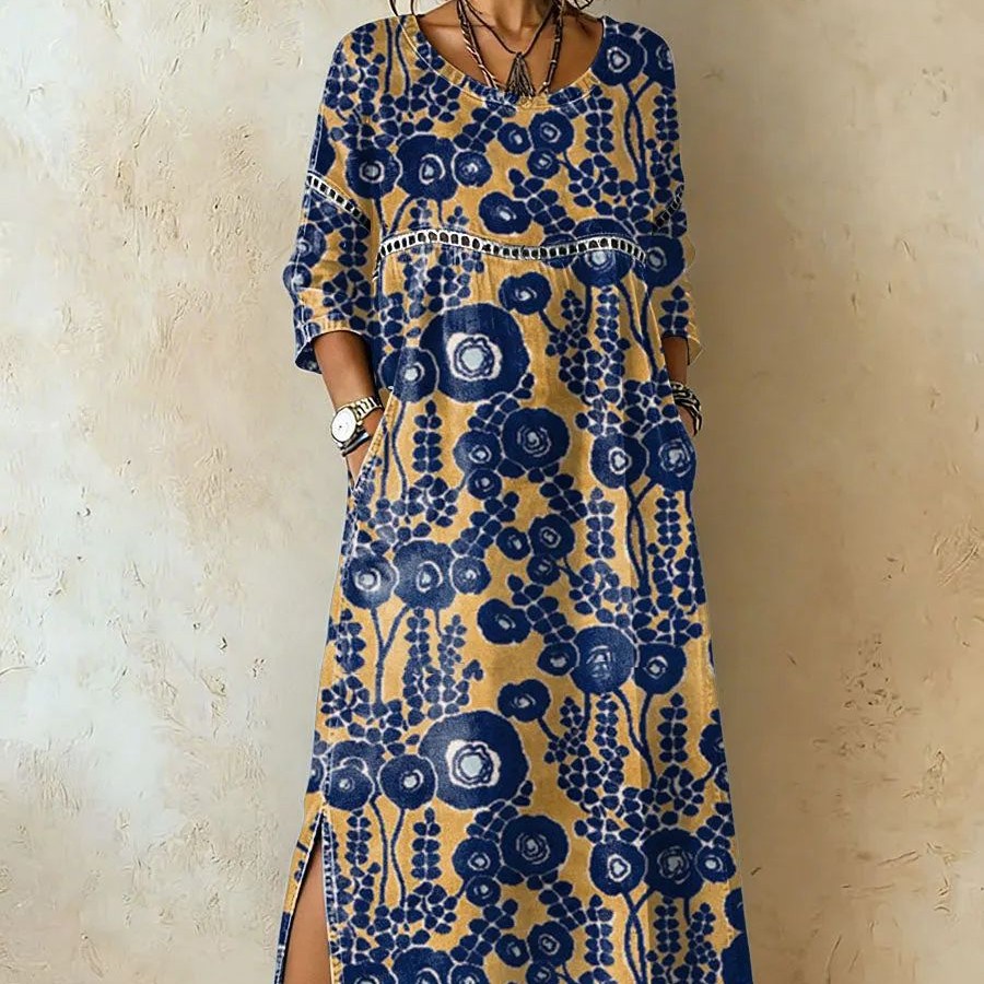 Womens Printed Crew-Neck Dress With Pockets