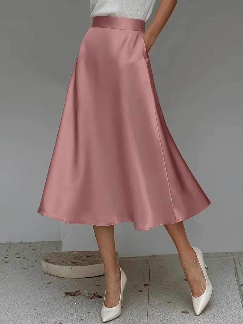 Women's satin solid color mid-length skirt slight stretch front view elegant celebrity chic style