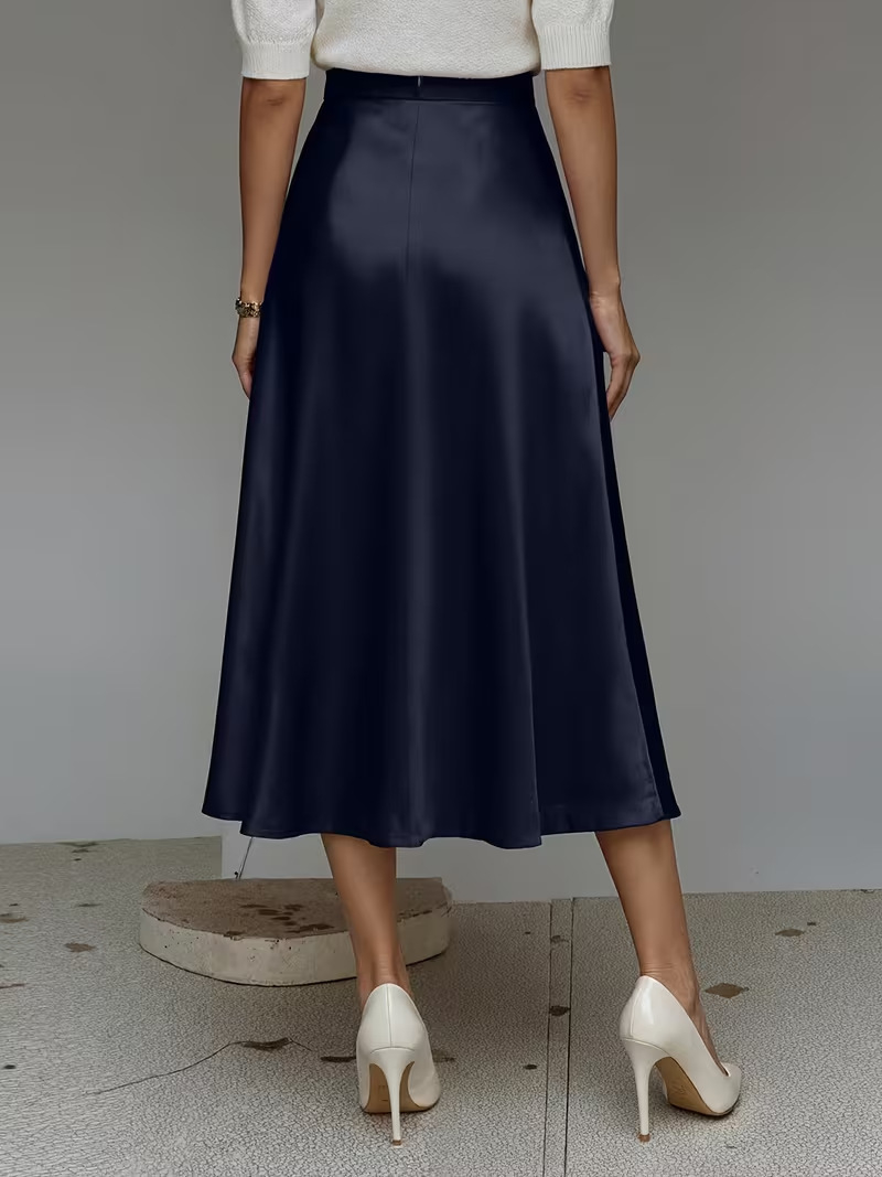 Women's satin mid-length skirt styling ideas work casual evening outfit solid color