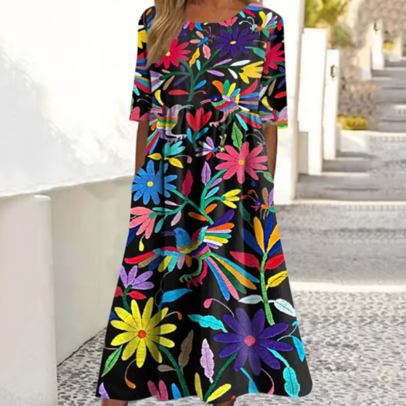 Women's Ethnic Floral And Bird Art Pattern Cotton And Linen Dress