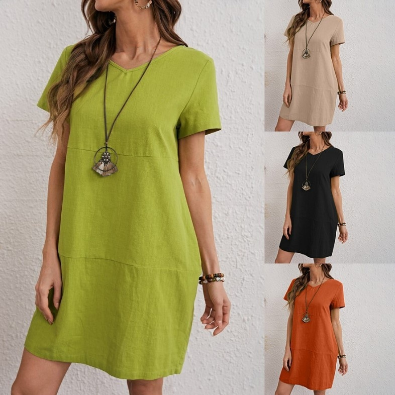 V-neck Cotton-linen Short-sleeve Dress