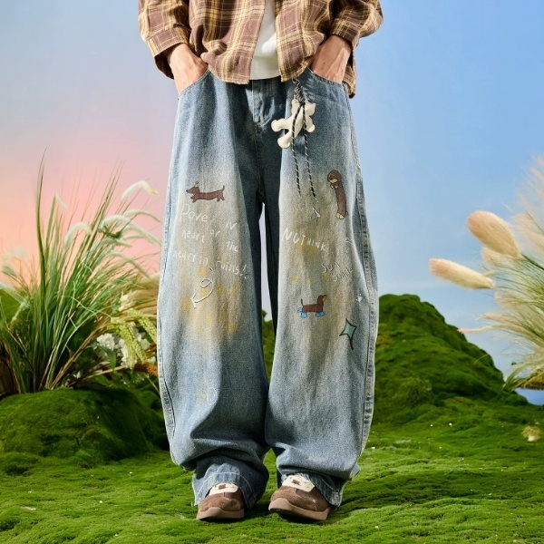 American-style Vintage Little-dog Wide-leg Denim Jeans For Men